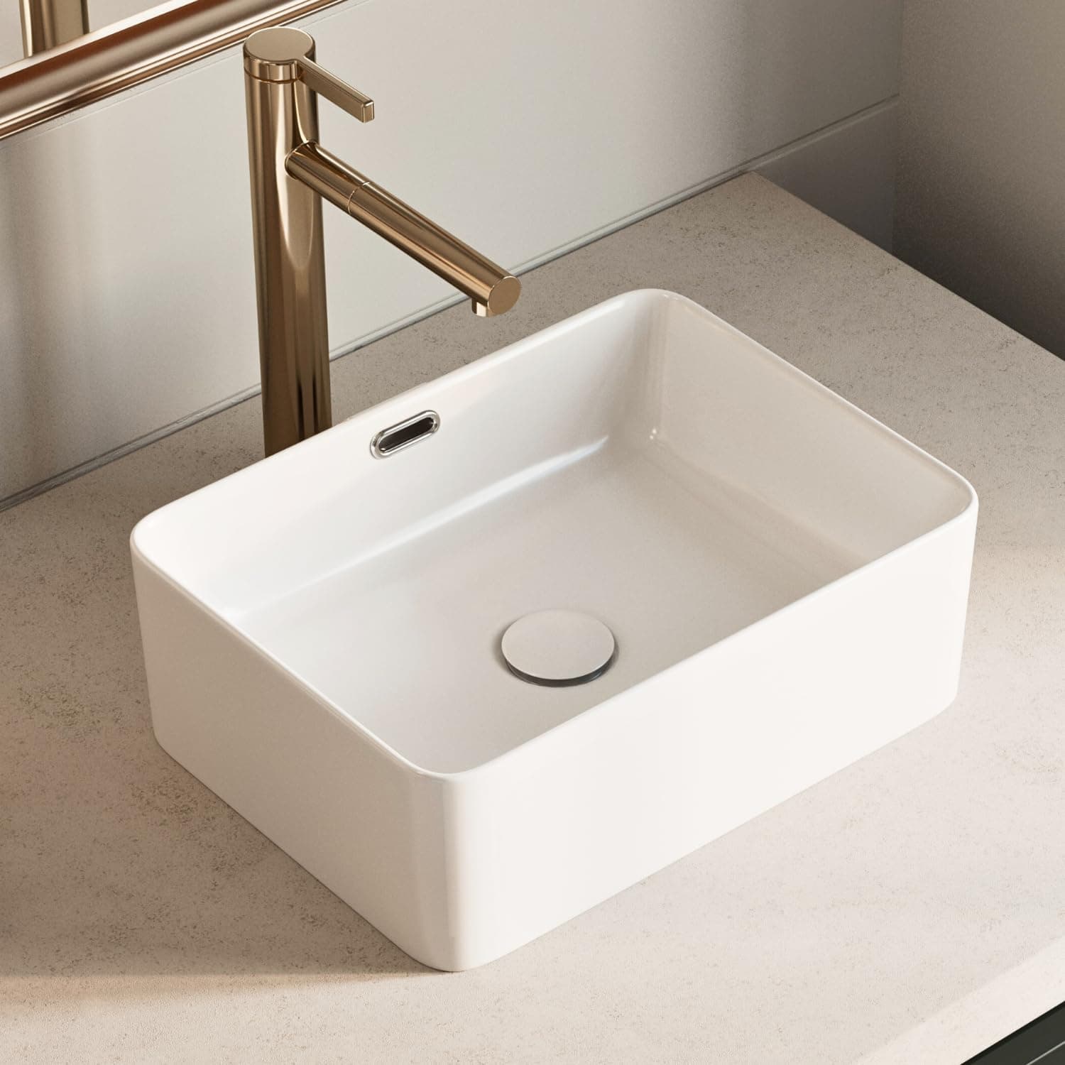 Compact 16 Inch Vessel Sink with Overflow, Los Flexi 16"W x 12"D White Ceramic Lavatory Sinks Rectangular, Above Counter Sink for Small Bathroom, Modern Porcelain Basin