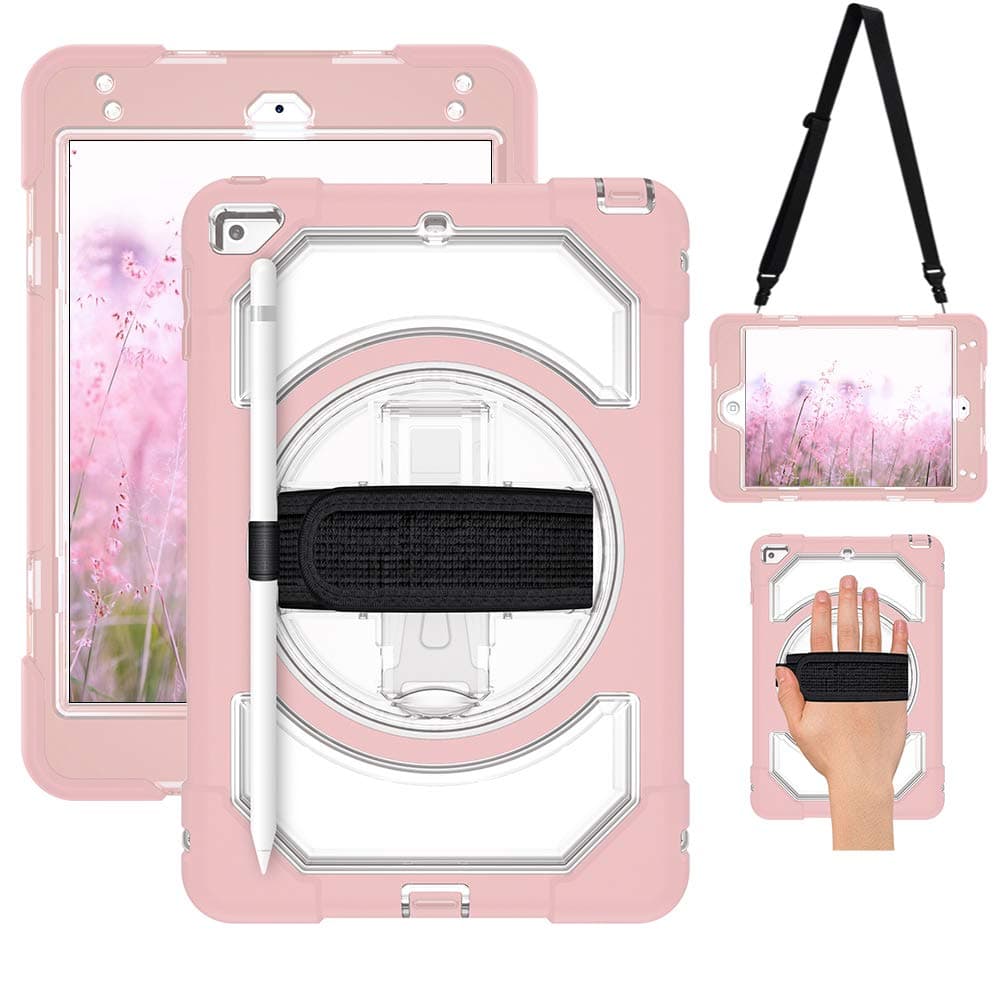 SUPFIVES iPad Mini 5 Case 2019 and iPad Mini 4 Case Shockproof Kid Case Heavy Duty with Adjustable Hand Strap+Shoulder Strap+Pencil Holder+360 Swivel Stand for iPad Mini 5 and Mini 4 (Clear+Pink)