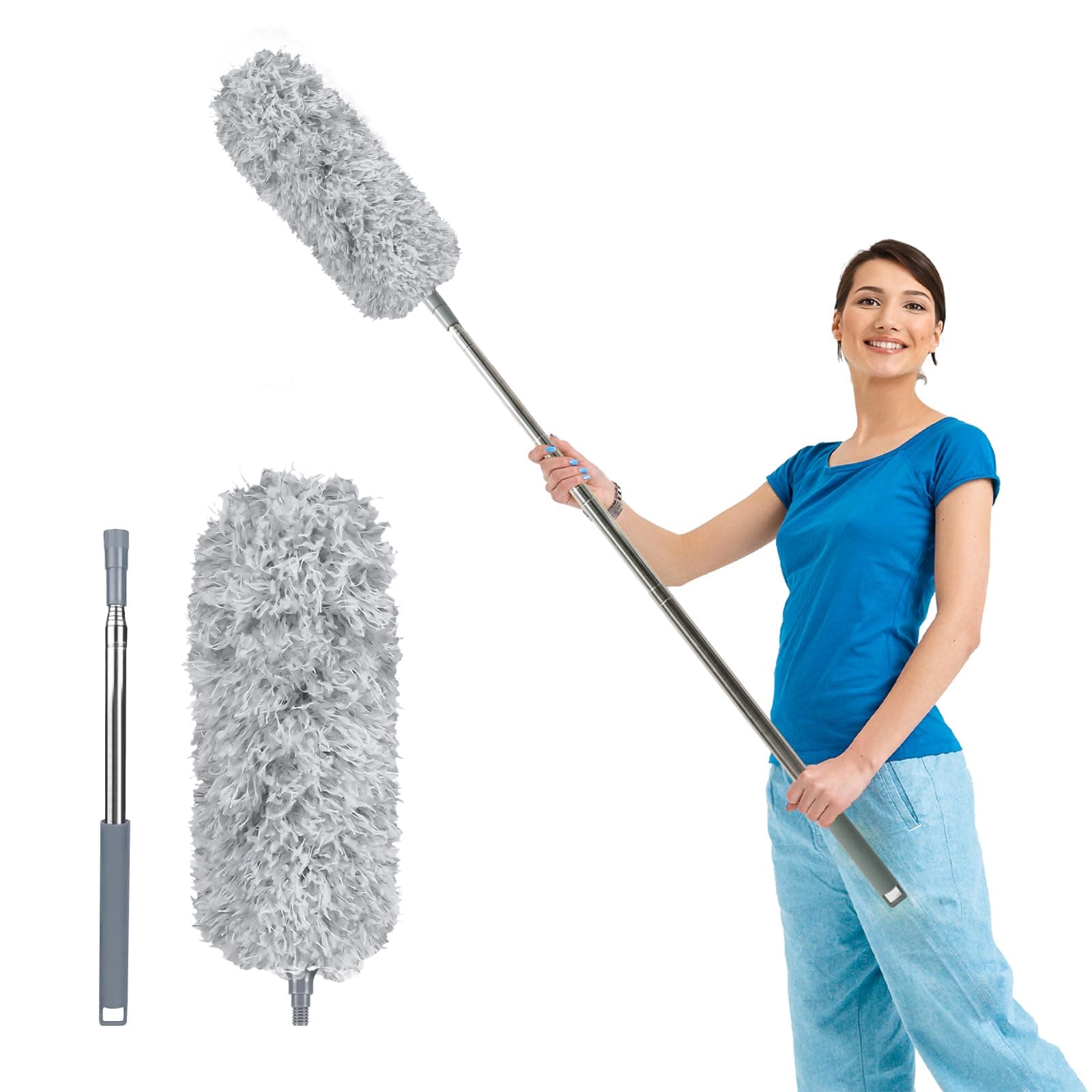 Extendable Feather Duster, Bendable Microfiber Long Handled with Extra Telescopic Extending Pole and Soft Silicone Cap, Washable Duster for Cleaning Roof, High Ceiling Fan, Blinds, Cobweb