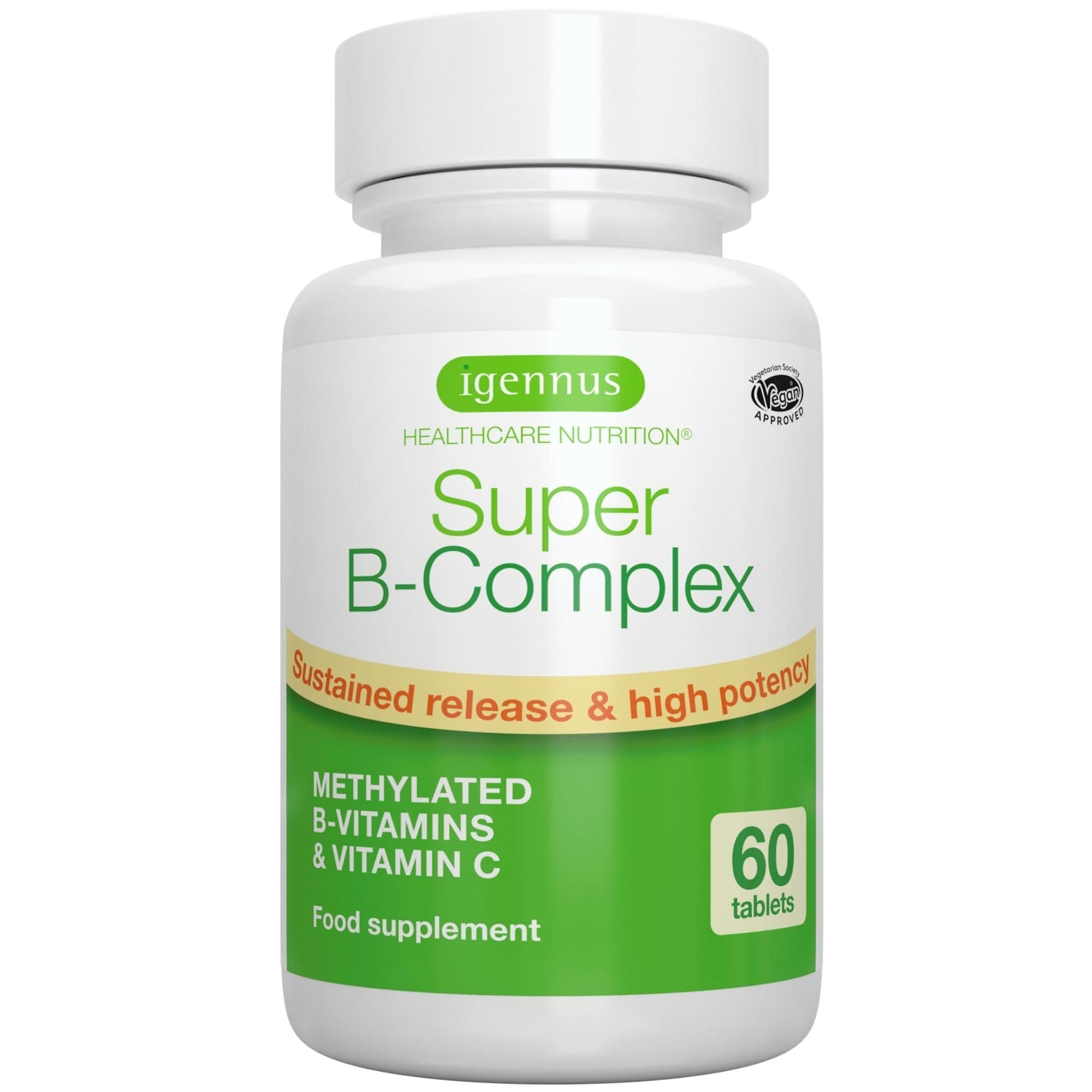 Igennus Super B-Complex - High Absorption Methylated B Vitamins, Clean Label, Sustained Release - Complete Spectrum of B Vitamins with Folate, Boosted B12 & Vitamin C, 60 Tablets