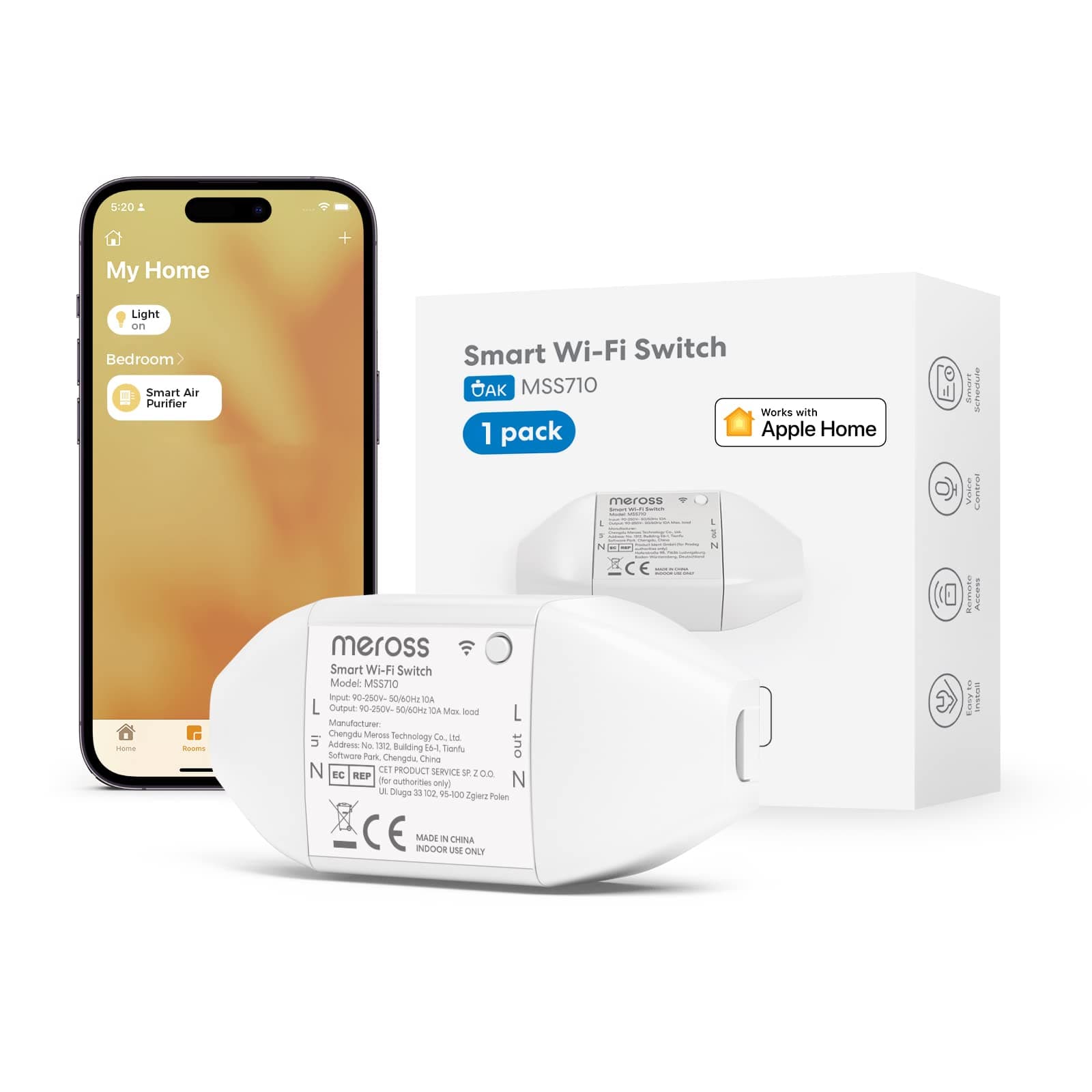 WLAN Switch Works with Apple HomeKit, Smart Switch Remote Control with Siri Alexa, Google Assistant, SmartThings, DIY Smart for Electric Household Appliances