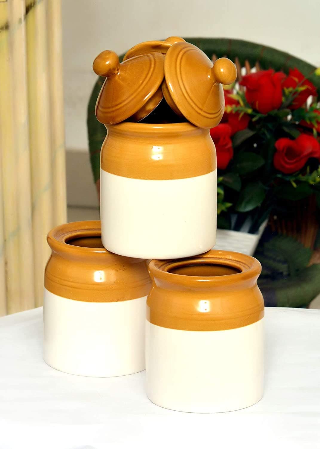Ceramic 300 Ml Pickle Jar Set Of 3. Container For Kitchen Storage, Jars Set For Dining Table. (3) Set Of 3, Brown