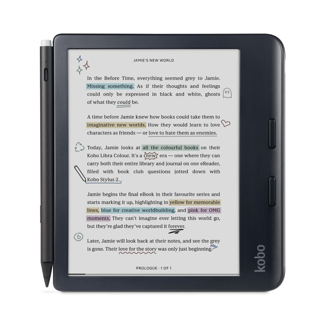 Libra Colour | eReader | 7” Glare-Free Colour E Ink Kaleido™ 3 Display | Dark Mode Option | Audiobooks | Waterproof | (Black with Stylus)