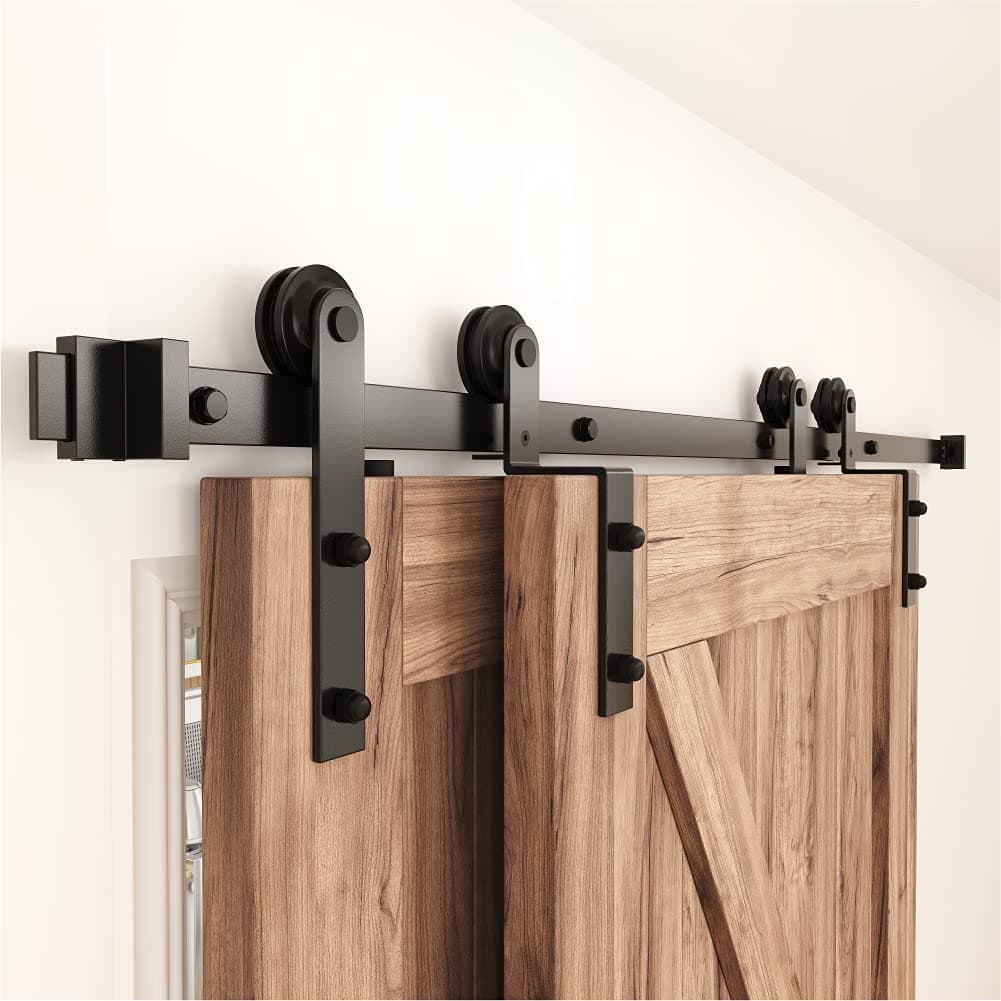 4 FT Bypass Sliding Barn Door Hardware Kit, Single Track, Double Wooden Doors Use, Flat Track Roller, One-Piece Rail Low Ceiling (4FT Single Track Bypass)