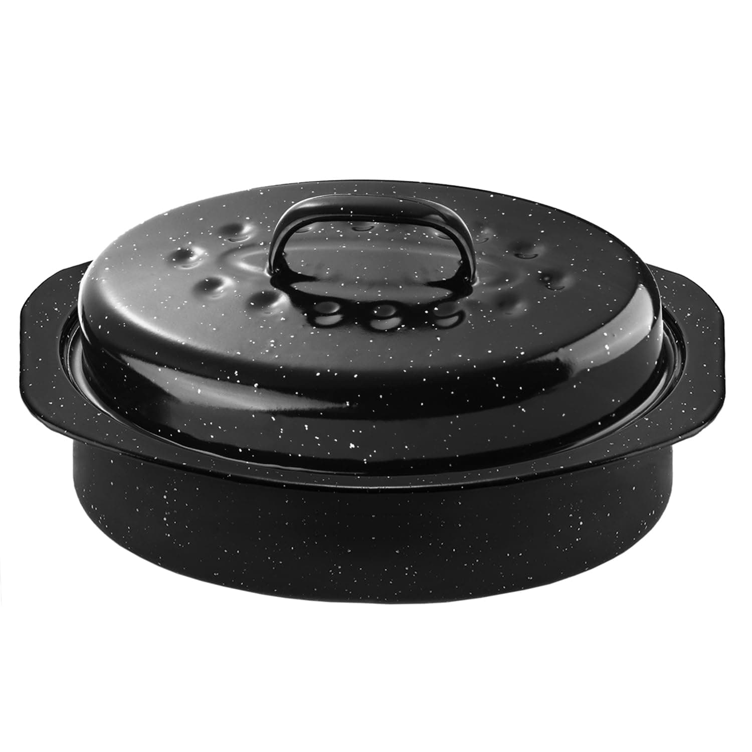 13Inch Roasting Pan, Enamel on Steel, Black Covered Oval Roaster Pan with Lid, Small Cookware for Turkey, Small Chicken, Roast Baking Pan.