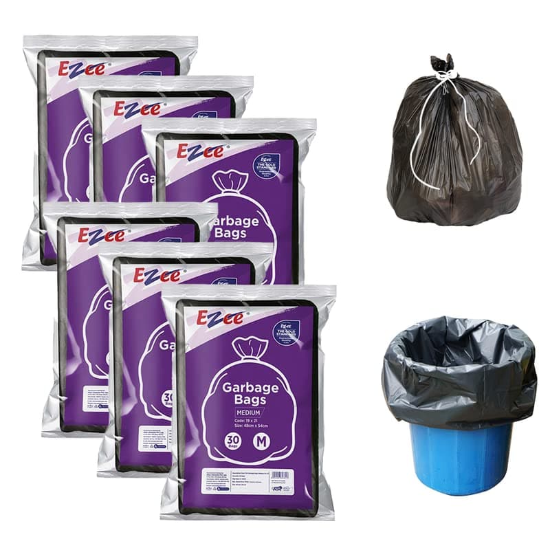Ezee Flat Garbage Bags Medium Black 180 Pcs | 19 X 21 Inch | 30 Pcs x Pack of 6 | Dustbin Trash Bag