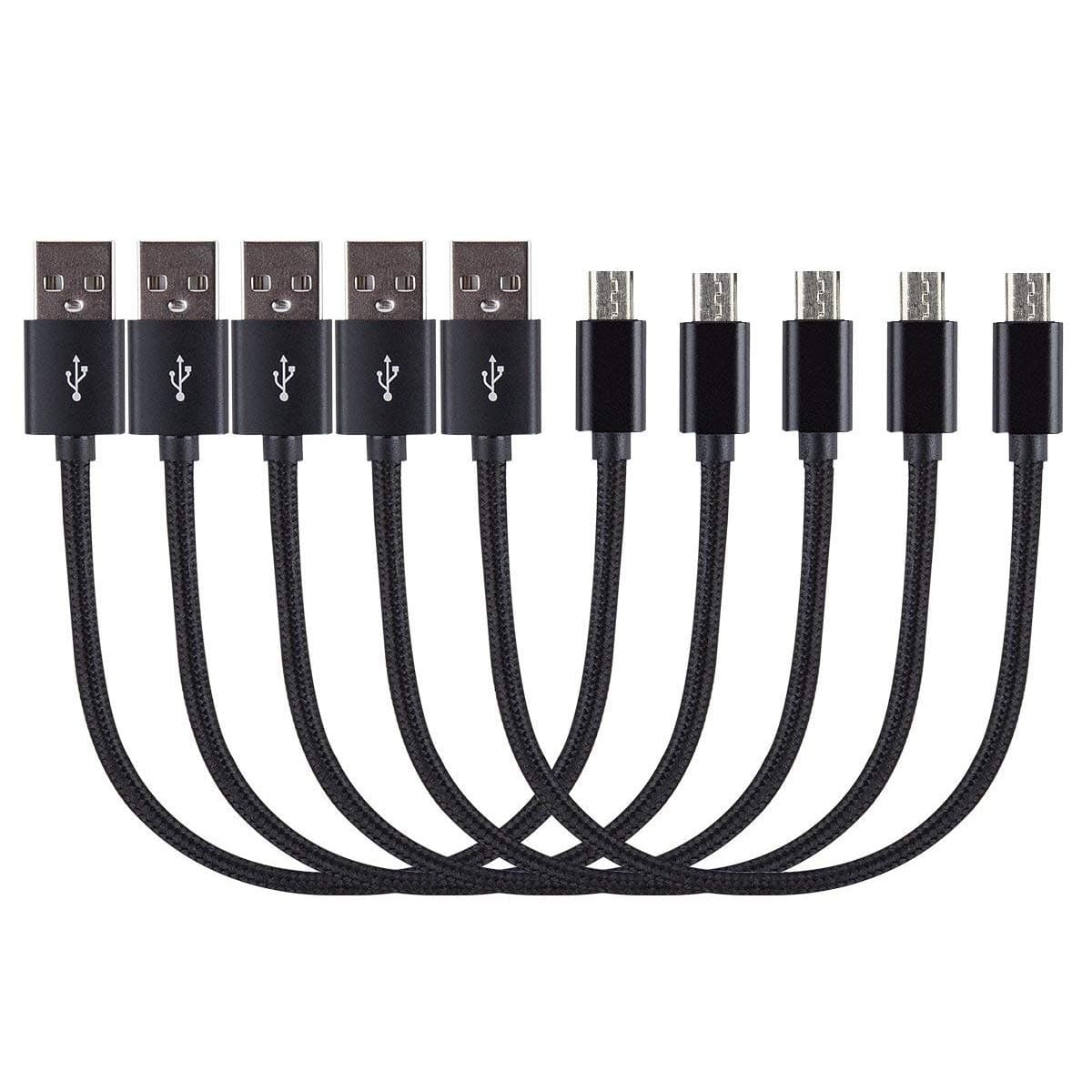 VOKOO Short Micro USB Cable 1FT, Short Nylon Braided High Speed USB to Micro USB Charging Cables Compatible with Android Device [5 Pack 8 inches]- Black