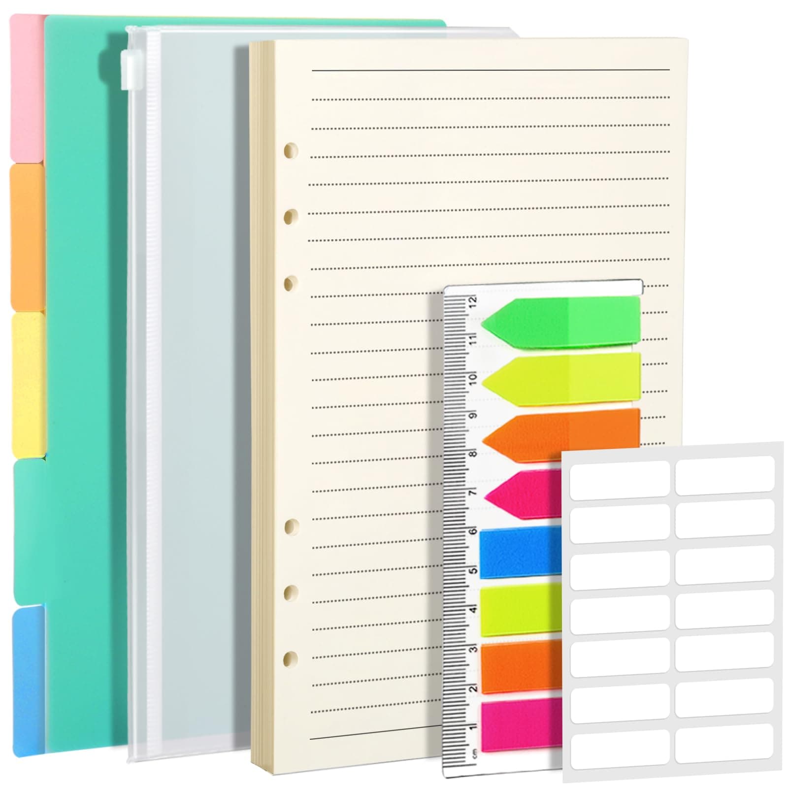 A5 Refills - Lined Paper Set with PP Binder Divider, Neon Index Flag & Zipper Pocket, Paper Inserts with Subject Divider, Planner Inserts