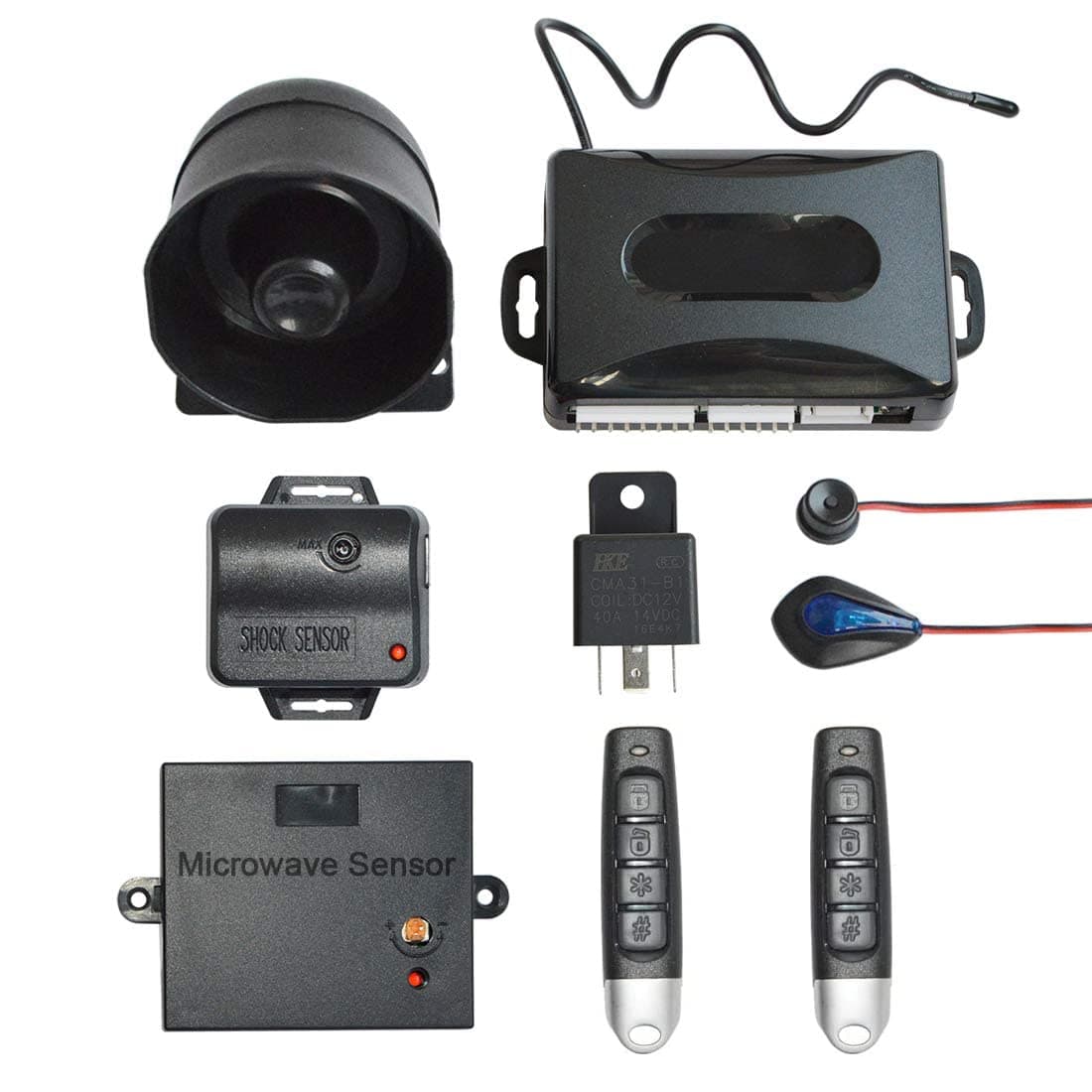 BANVIE Universal Car Security Alarm with Keyless Entry System, 2 Remote Transmitters, 6-Tone Siren, Shock Sensor, Central Locking Automation