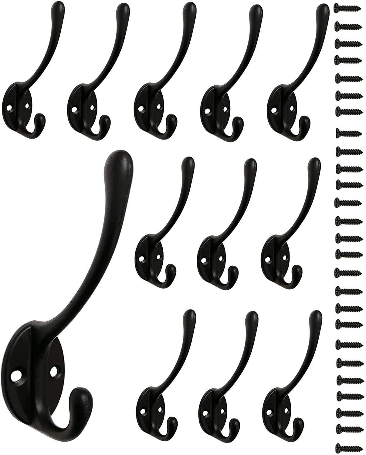 12 Pack Dual Coat Hooks Wall Mounted Metal Hooks Utility Hooks Robe Hook Rustic Double Hooks Coat Hanger and 26 Screws for Coat, Scarf, Bag, Towel, Key, Cap, Cup, Hat (Brown Color 01)