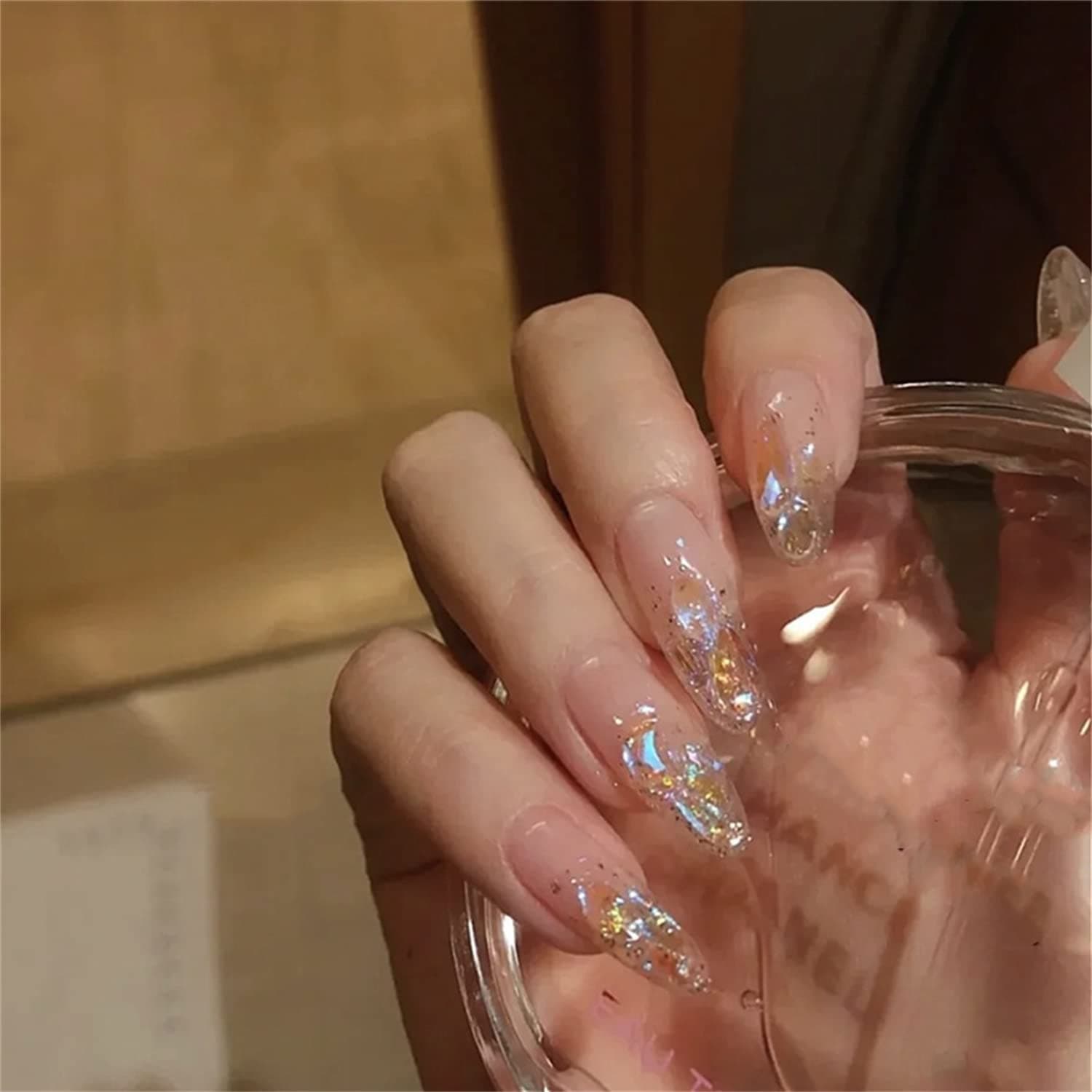 French False Nails, 24 Pieces False Nails, Medium Length, Transparent Almond Nails, Press On Nails, Full Cover Stick On Nails for Women Girls with Adhesive Stickers