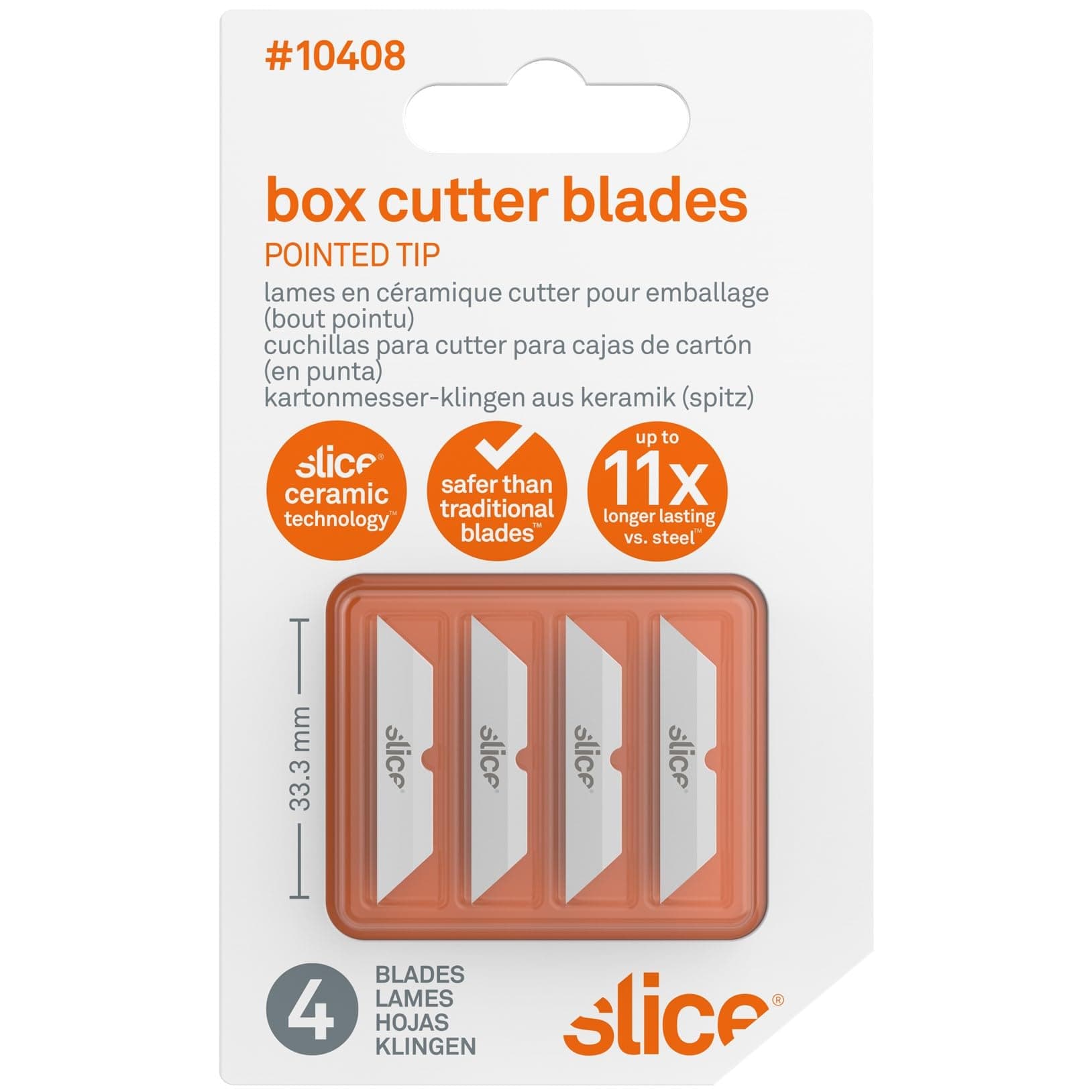 Slice 10408 Replacement Ceramic Blades (Pointed Tip) | Pack of 4 | Finger-Friendly, Dual-Sided Ceramic Safety Blades | Last Up to 11X Longer Than Traditional Blades