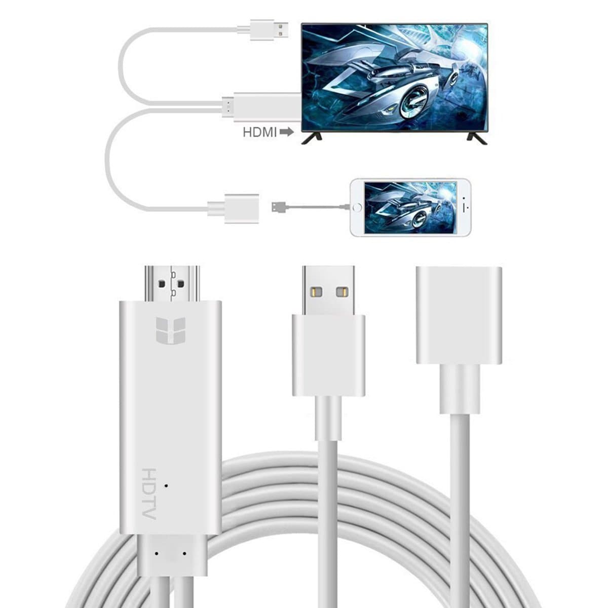 iPhone HDMI Cables Adapter, S7 HDMI Cable to TV, Lightning to HDMI 1080P Digital AV Adapter, 3 Feet Metal 3 in 1 Smartphone to HDMI/Micro USB/TYPE C Adapter for iPhone/iPad/S9/S8/Note 8 and More