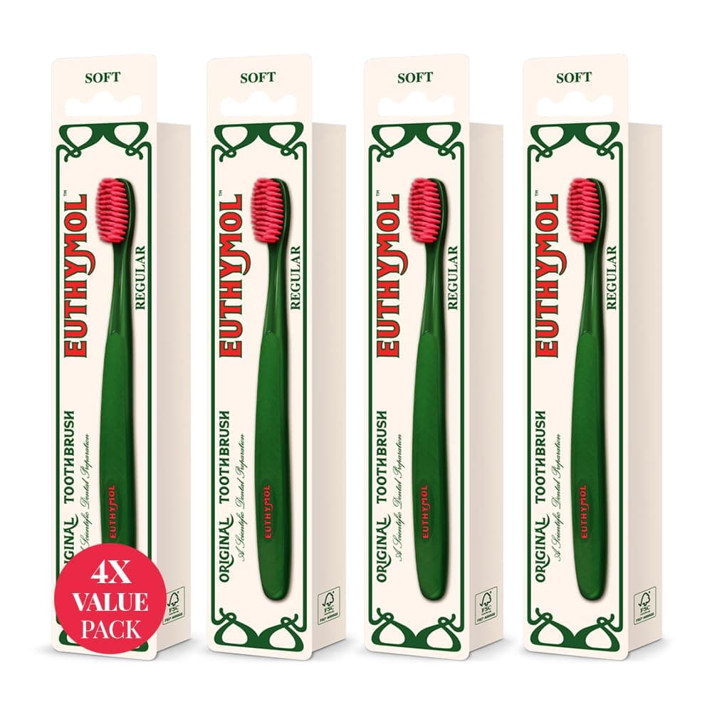 Euthymol] Regular Toothbrush, (4 Pack) Soft Bristle, Triple Curve Ergonomic Manual Toothbrush with bristles for Deep, Full Cleaning, and Sensitive Gums and Teeth
