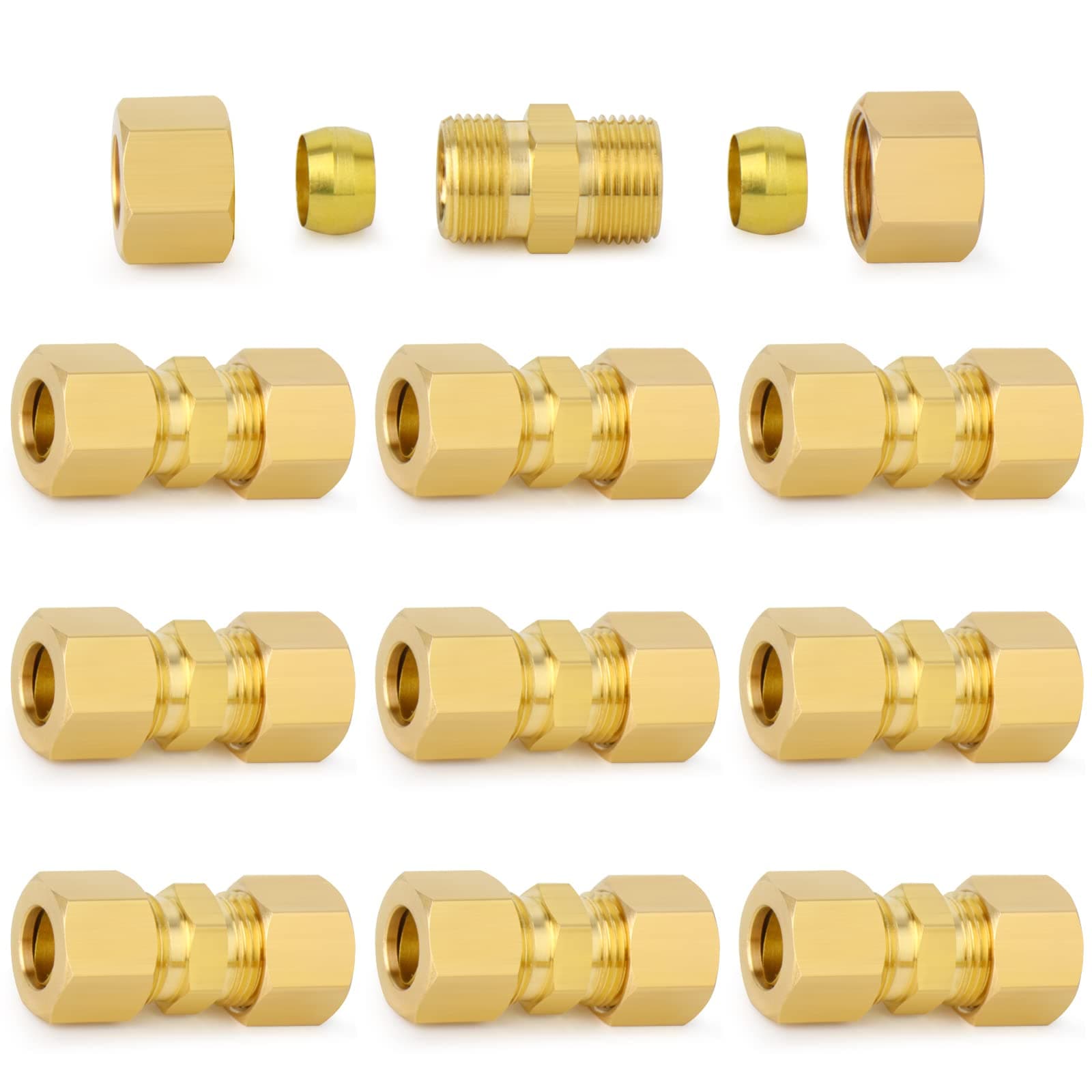 Brass Compression Tube Fitting, 1/4" OD x 1/4" OD Compression Union Connector(10-PACK)