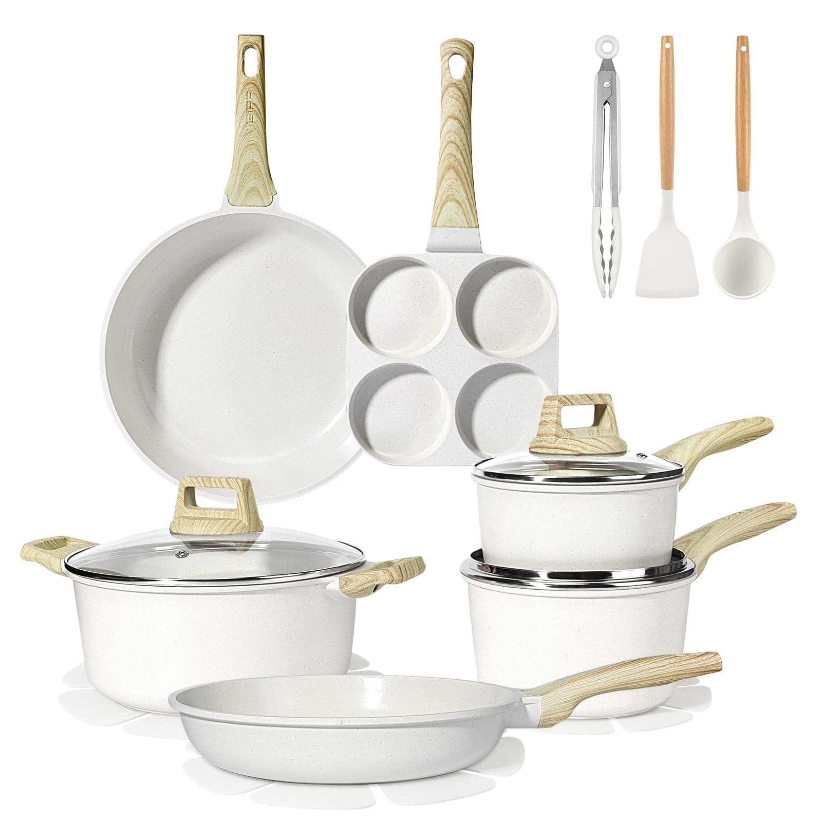 GiPP Ceramic Coating Pots and Pans Set Non Stick - 17Pcs Nonstick Cookware Set, Non-toxic Healthy Kitchen Cooking Set w/Frying Pans Set, Dishwasher Safe, PFAS PTFE PFOA PFOS Free (White)