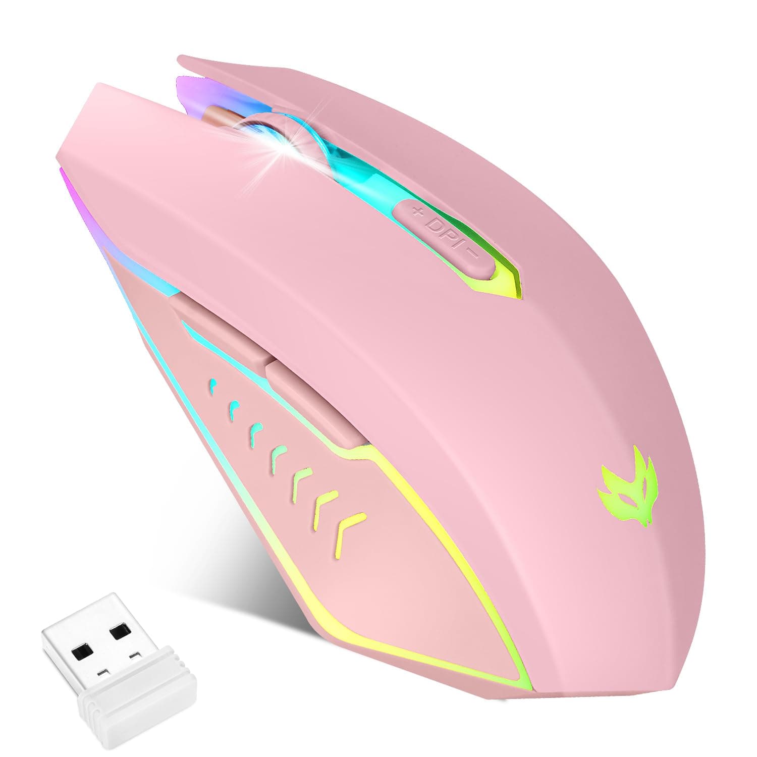 Wireless Gaming Mouse, Rechargeable Computer Mouse, 7-Color LED Light, Ergonomic Mouse with 6 Silent Click Buttons, 3 Adjustable 2400 DPI Wireless Mouse for Laptop,PC,Mac, Pink