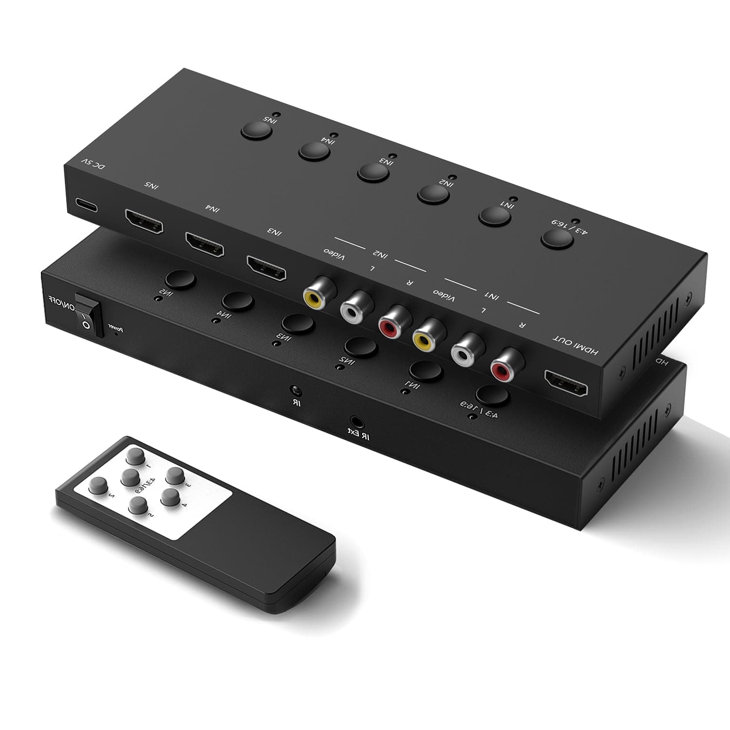 5In to 1Out HDMI/AV Switch (2 AV Input+3 HDMI 2.0 Inputs) RCA to HDMI Converter for PS1/2/3/4/5, N64, SNES, Switch, DVD, Roku etc.