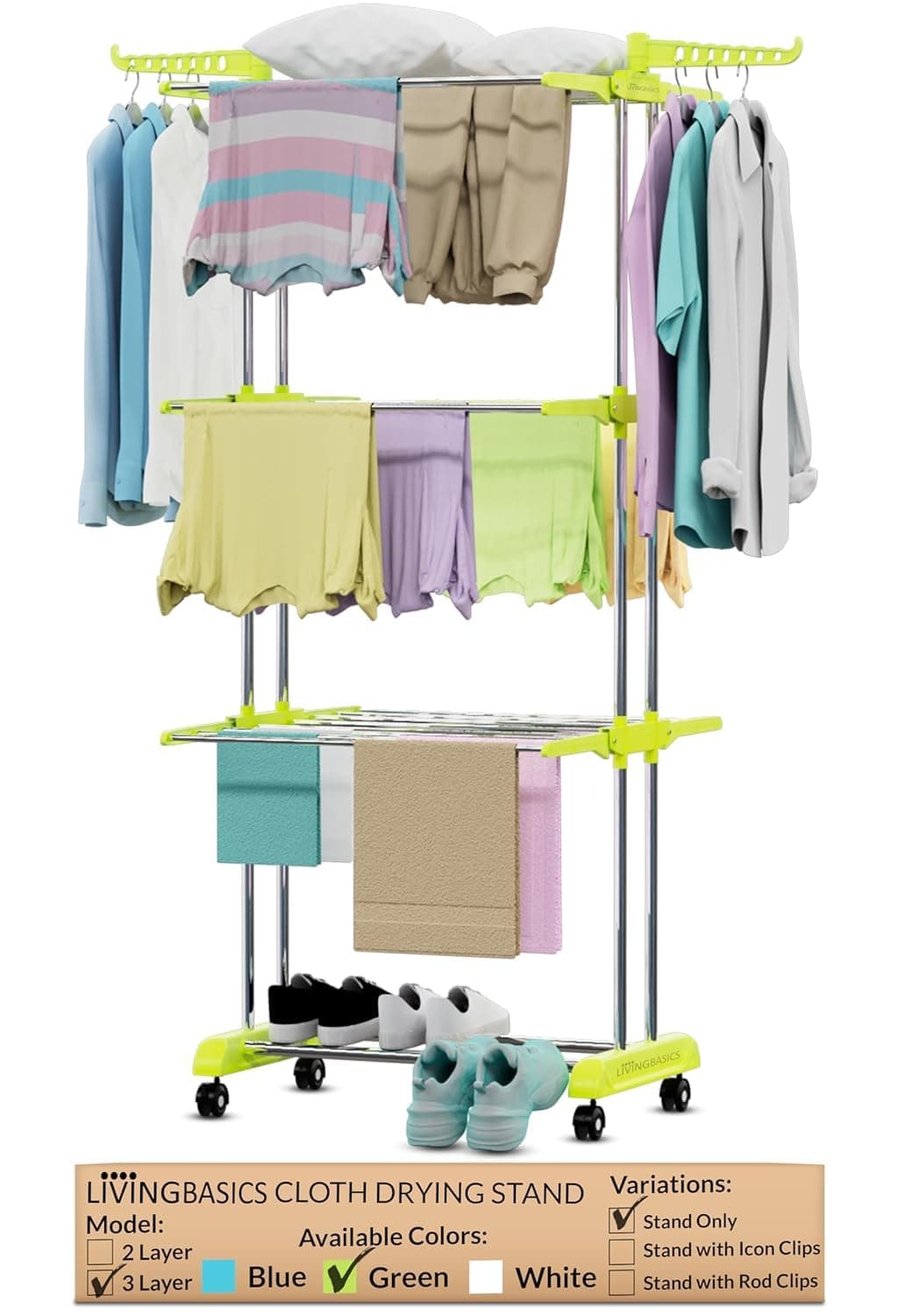 3 Tier Premium Heavy Duty Stainless Steel Foldable Cloth Drying Stand/Clothes Stand for Drying/Cloth Stand/Clothes Dryer/Laundry Racks for Drying - Indoor/Balcony (Lime Green)