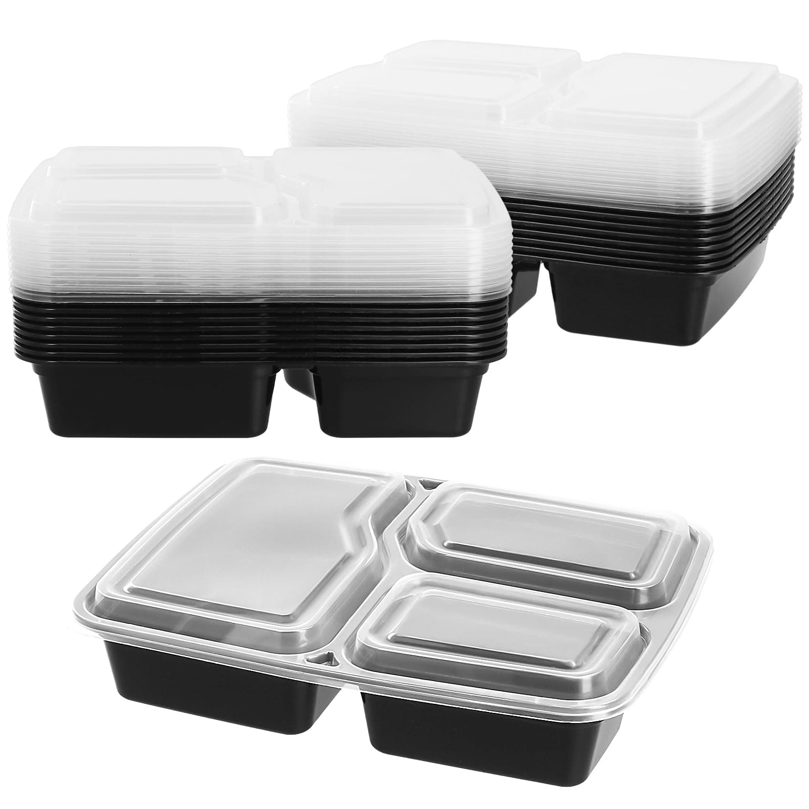 JEUIHAU 40 Pack 3 Compartment Meal Prep Containers, 32oz Plastic Food Storage Trays with Airtight Lids, Stackable Food Storage Trays for Microwavable, Freezer and Dishwasher Safe