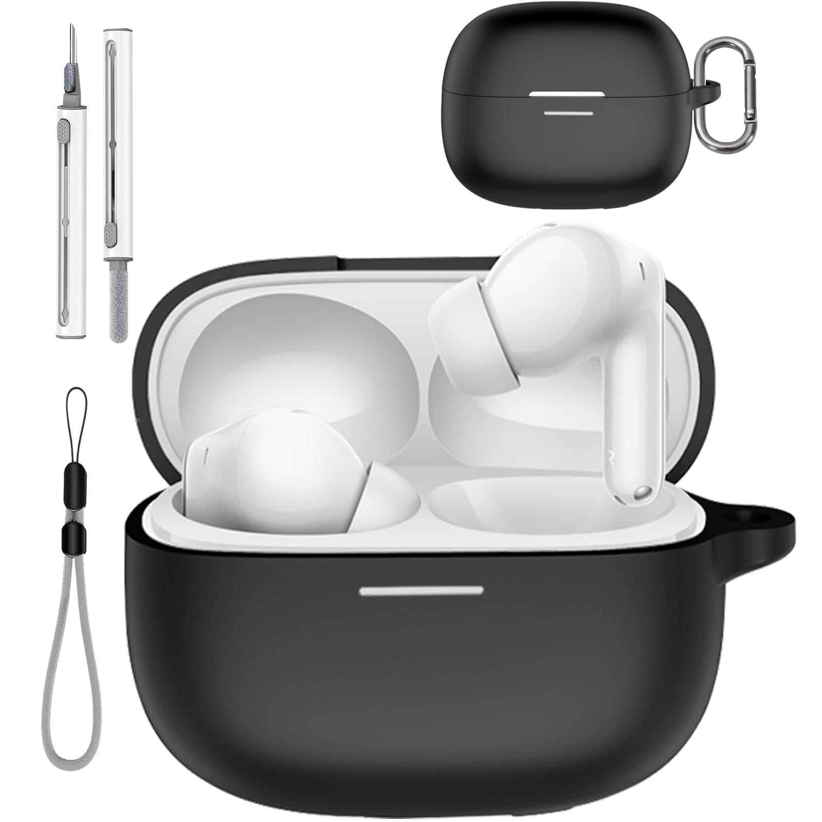 for Redmi Buds 8 Pro/Redmi Buds 6 Pro Case Cover with Cleaner Kit, Soft Skin Silicone Case Cover with Keychain and Lanyard，Full Protective Case for Men and Women-Black