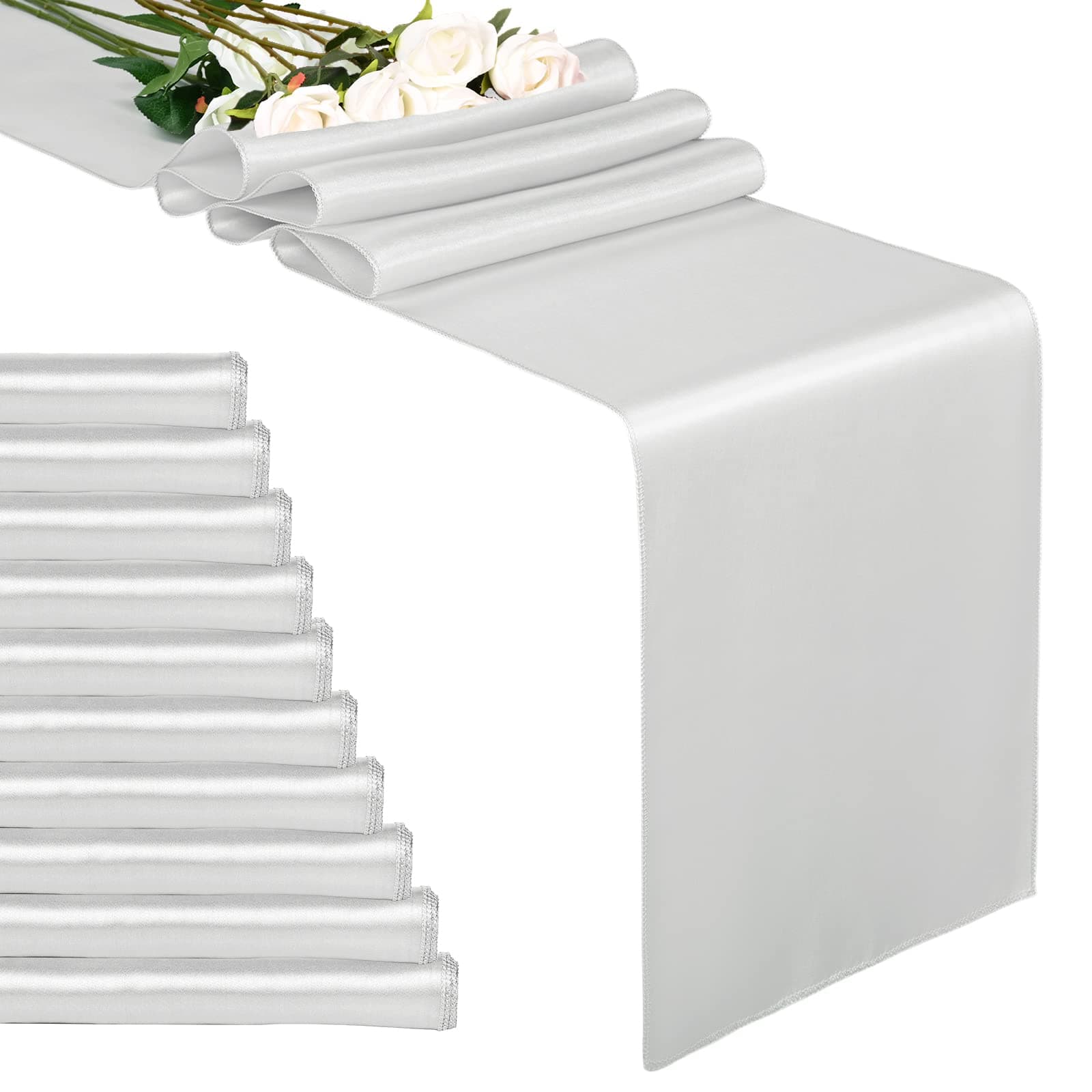 10-Pack Light Silver 12 x 108 inches Long Premium Satin Table Runner for Wedding, Decorations for Birthday Parties, Banquets, Graduations, Engagements, Table Runners fit Rectange and Round Table