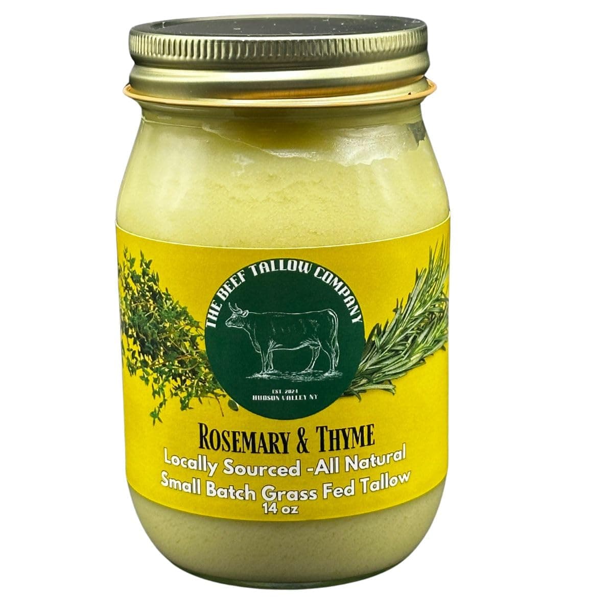 100% Pure small batch pasture raised beef tallow infused with fresh rosemary & thyme | Saftey shrink sealed glasss jar | Locally sourced and made in the Hudson Valley | No additives, No preservatives, All Natural , Keto, Paleo friendly | No GMO, Microplastic free (Rosemary & Thyme Beef Tallow)