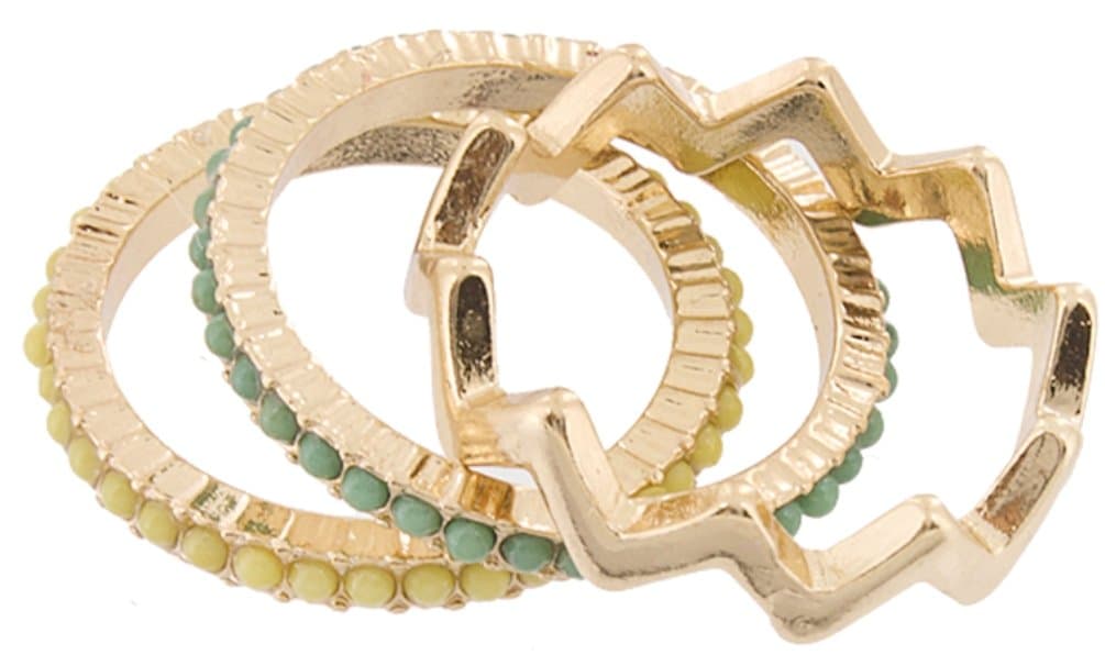 Zigzag and Beads Three Piece Ring Set Size 7: Gold / Green