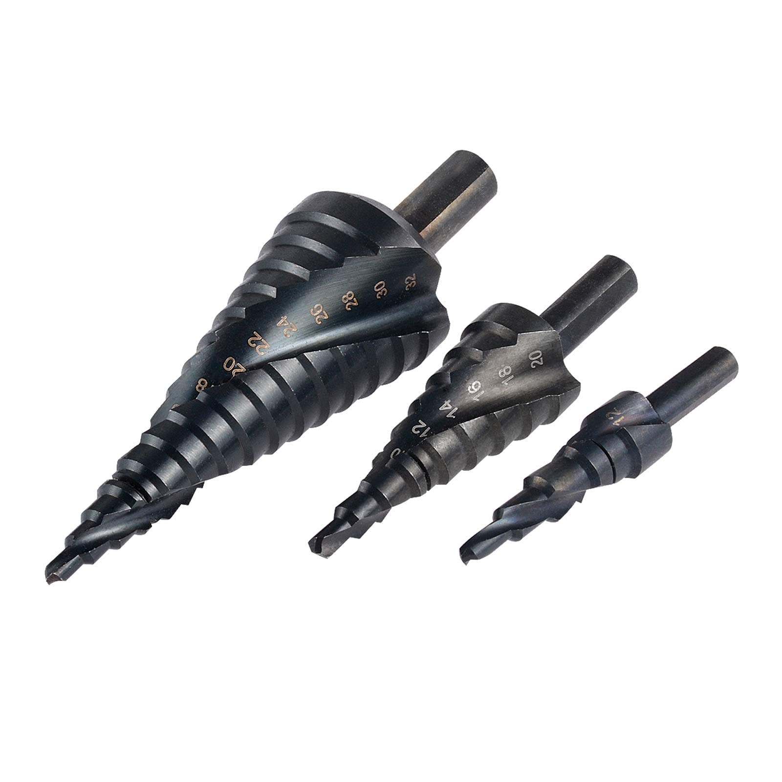 3 Packs Spiral Step Drill Bit Set with 4-12mm/4-20mm/ 4-32mm, Total 32 Sizes, 1/4" Hex Shank Cone Titanium Coated High Speed Steel, Multi-Functional Industrial DIY Metalworking tools