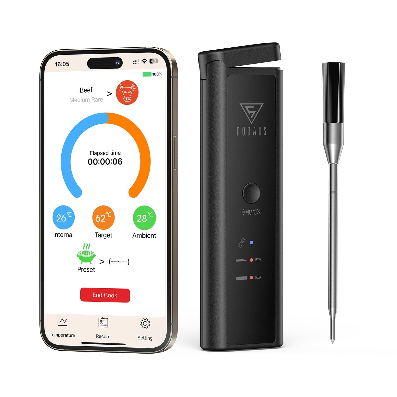 Wireless Meat Thermometer-Bluetooth Food Thermometer-Rang up to 520ft-Ultra Thin Probe-High Precison-1s Response-IPX7 Waterproof-Smart Cooking Thermometer with Alarm for BBQ/Oven/Grill/Kitchen