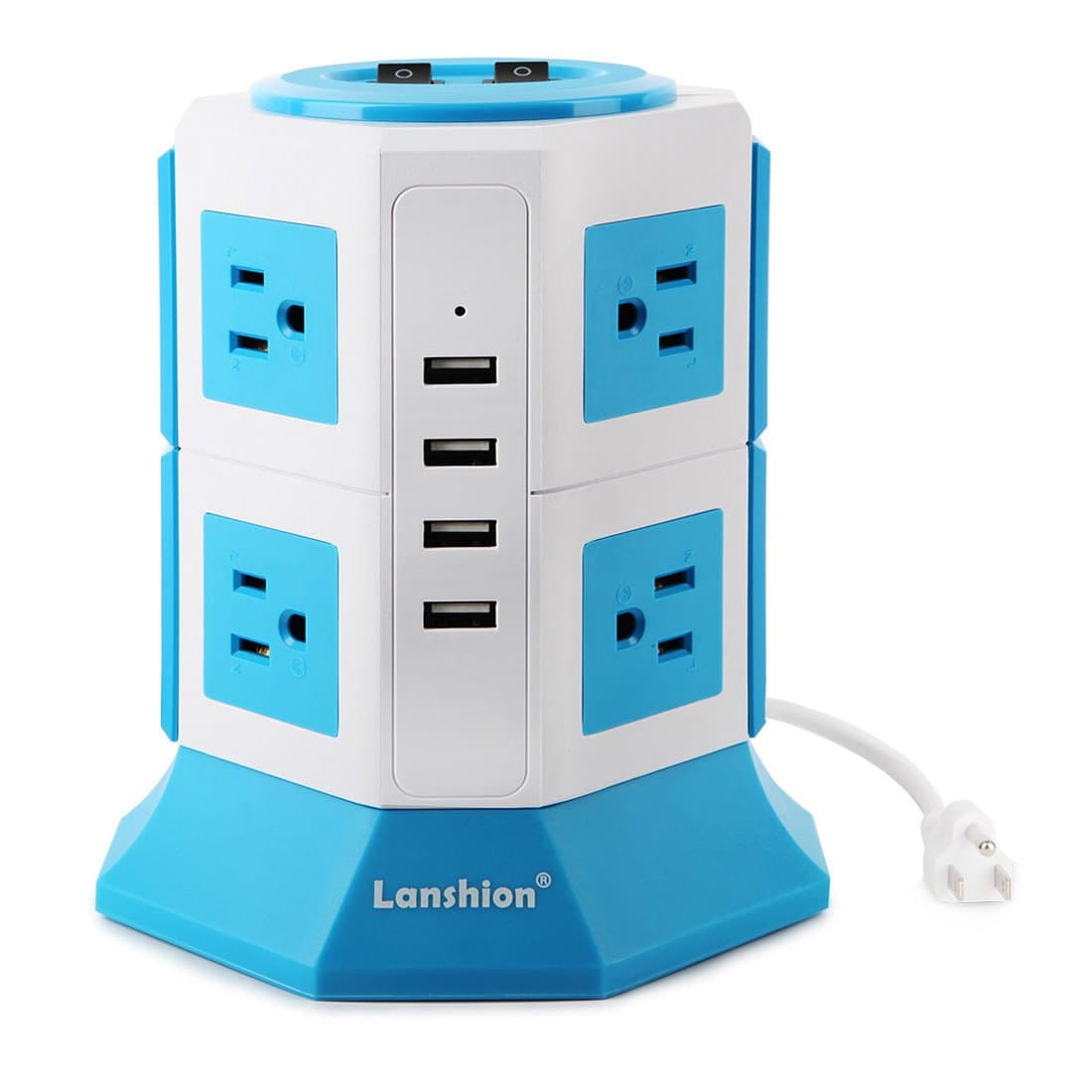 8 Outlet Surge Protector Power Strip with 4 USB Charging Ports 1875W Desktop USB Charging Station with 6.5-Feet Long Power Cord, 1000 Joules, UL Listed(White + Blue)