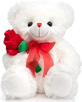 – Teddy Bear Stuffed Animal Rose Bear with Red Bow Soft Plush Toy Holiday Valentine's Day 12 Inches White