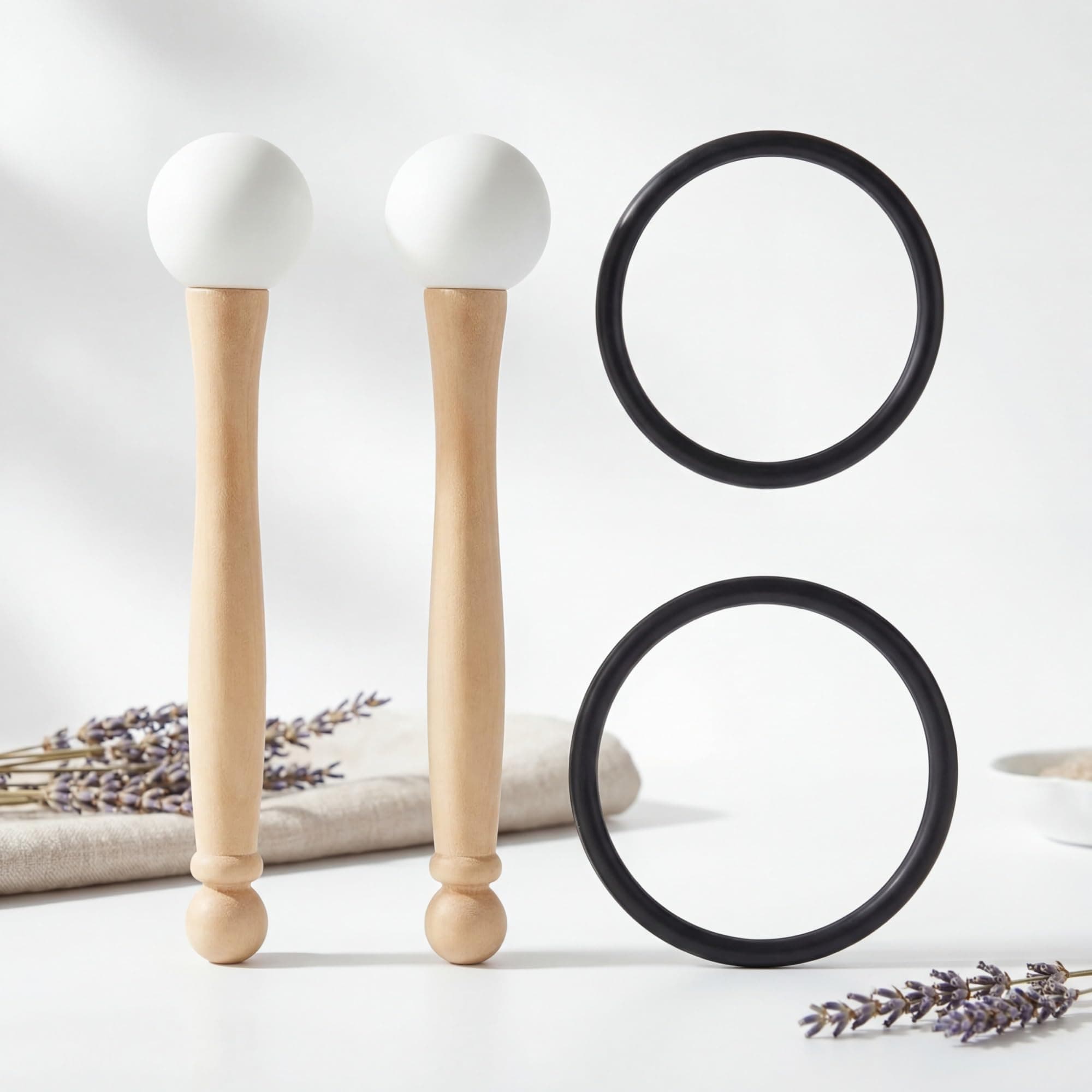 Nuanchu Singing Bowl Mallet and O Ring Set Including 2 Rubber Head Wood Handle Mallet Crystal Singing Bowl Mallet Crystal Bowl Mallet with 2 Rubber O Ring for Playing Crystal Singing Bowl