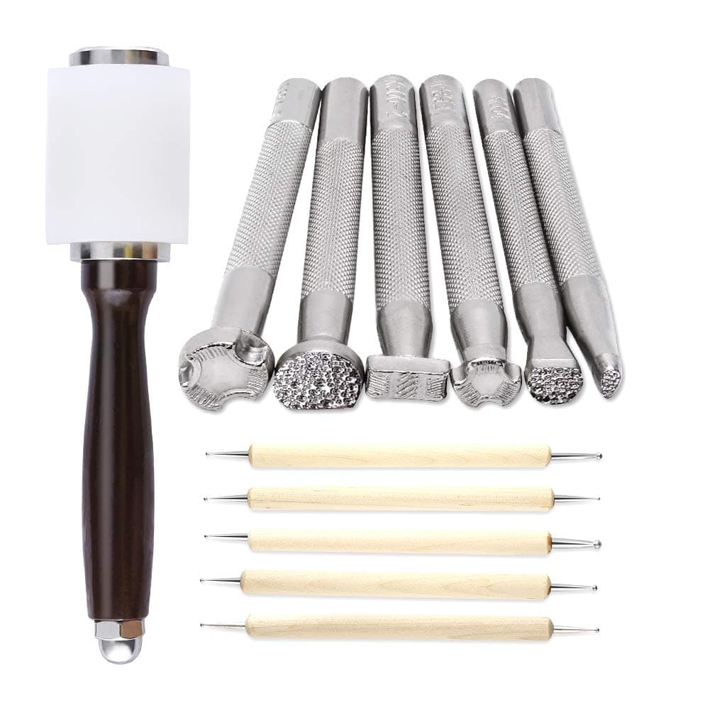 Qzma Leather Stamp Tools, Leather Carving Set, Leather Kit with Leather Carving Hammer, Stamp Punch Set and Tracing Pen, Leather Carving Working Saddle Making Tools for Leather Craft DIY