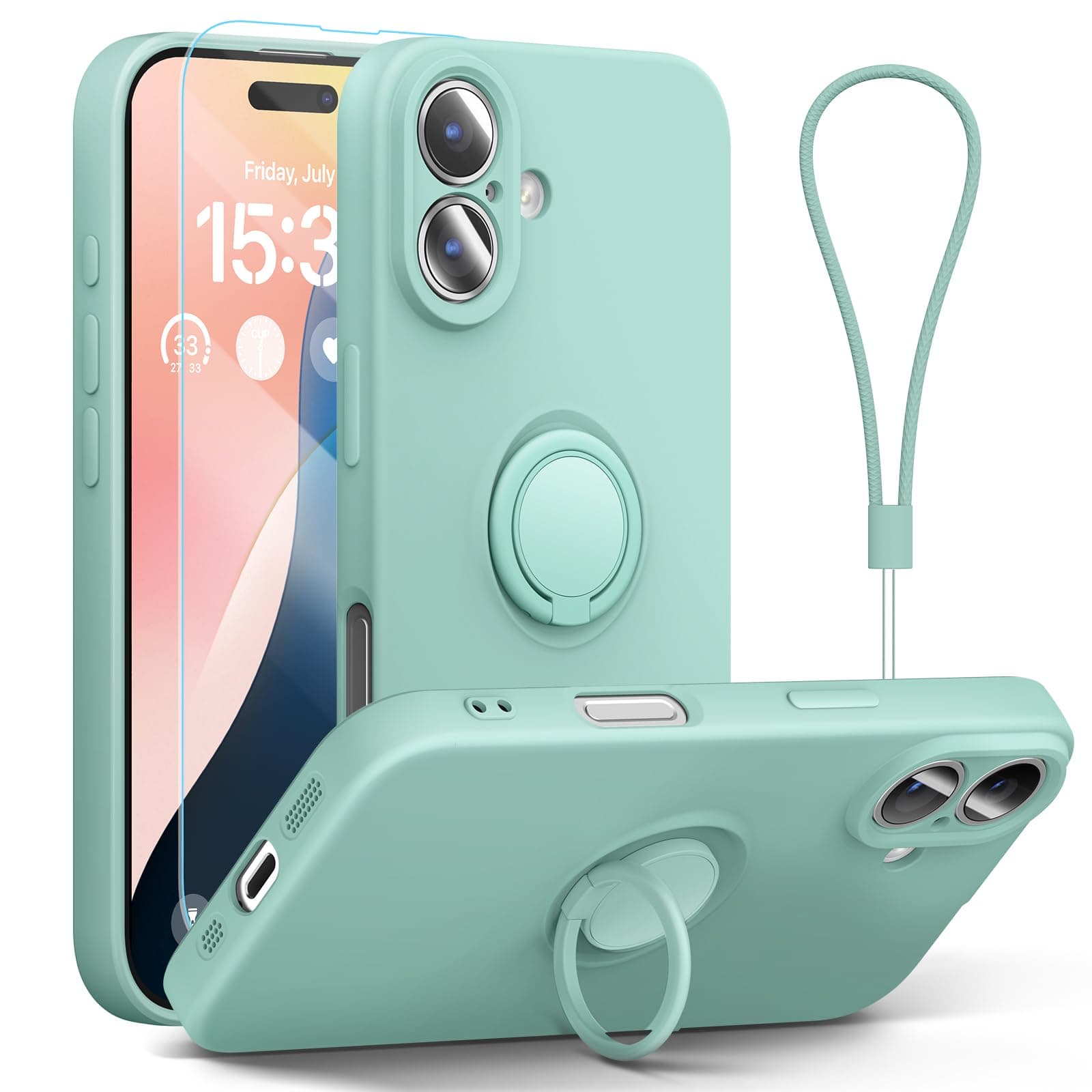 abitku for iPhone 16 Case with Ring Stand, Liquid Silicone Slim Design Support Magnetic Car Mount (with Wrist Strap Lanyard) Phone Cover for iPhone 16 6.1 inch (Mint)