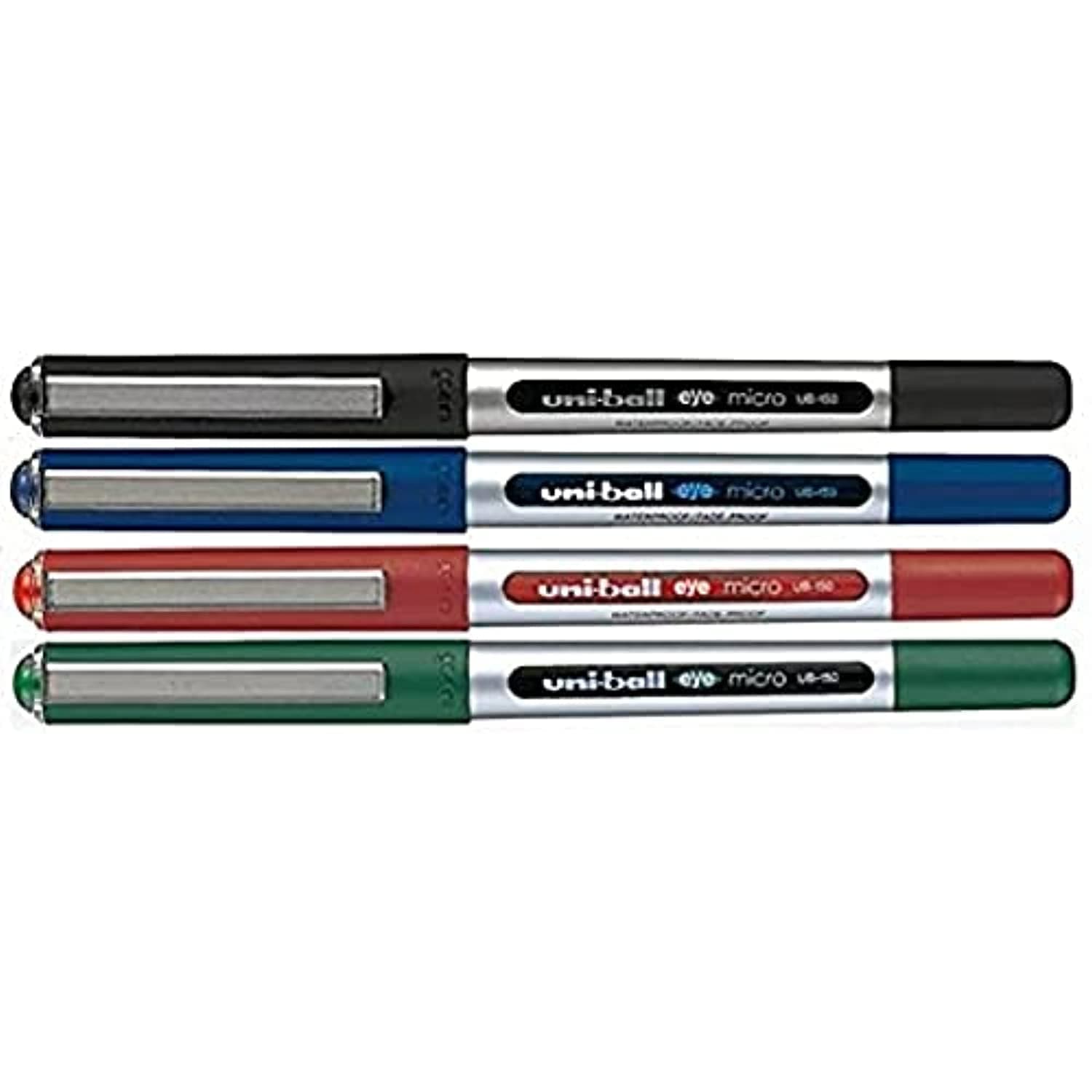 UB-150 Eye Micro Liquid Ink Rollerball Pen 4-Pack, 0.5 mm Tip Size, Black/Blue/Green/Red