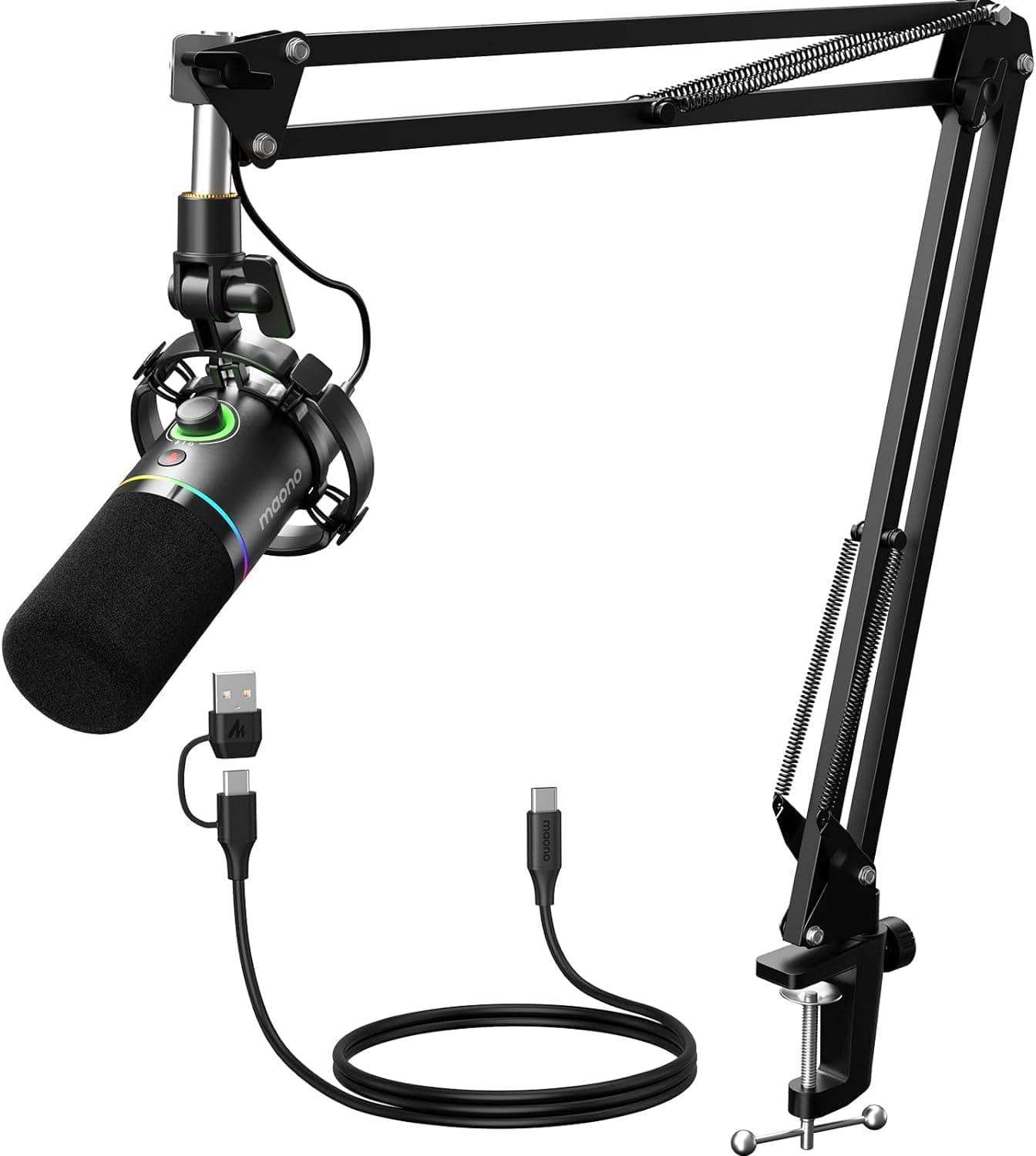 XLR/USB Dynamic Microphone Kit, RGB Podcast Mic with Software, Mute, Gain Knob, Volume Control, Boom Arm for Streaming, Gaming, Voice-Over, Recording-PD200XS Black