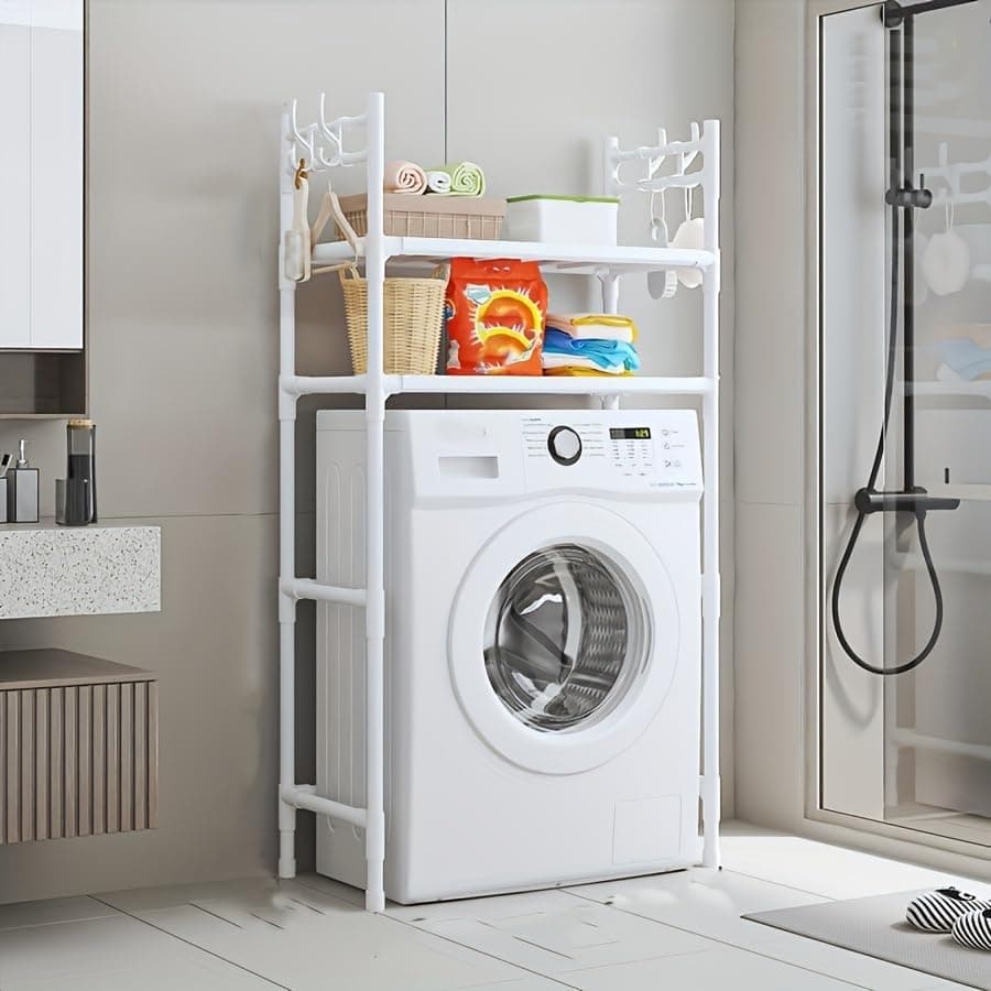 Metal 2 Layer Washing Machine Storage Rack Expandable The Over Freestanding Shelf Space Saving Stand Utility for Laundry Room Wash Basin (White)