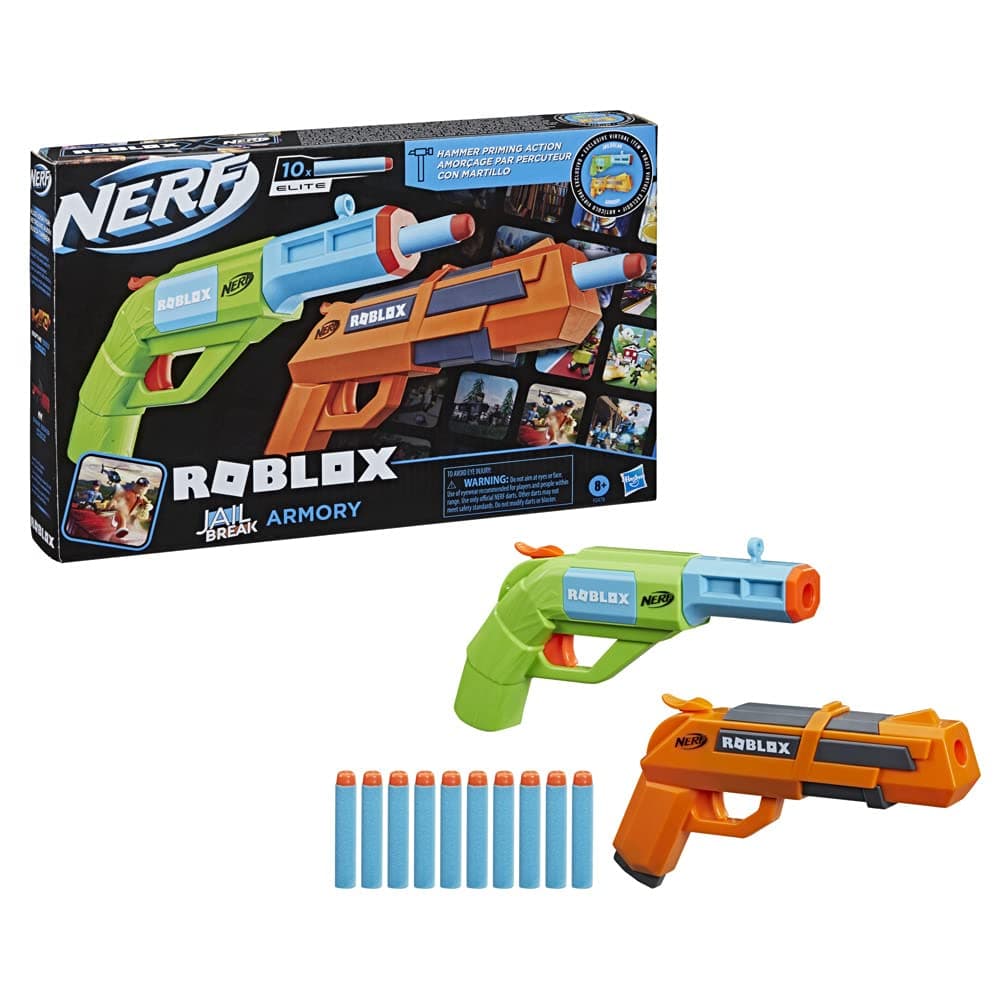 Nerf Roblox Jailbreak: Armory, Includes 2 Hammer-Action Blasters, 10 Elite Darts, Code to Unlock in-Game Virtual Item