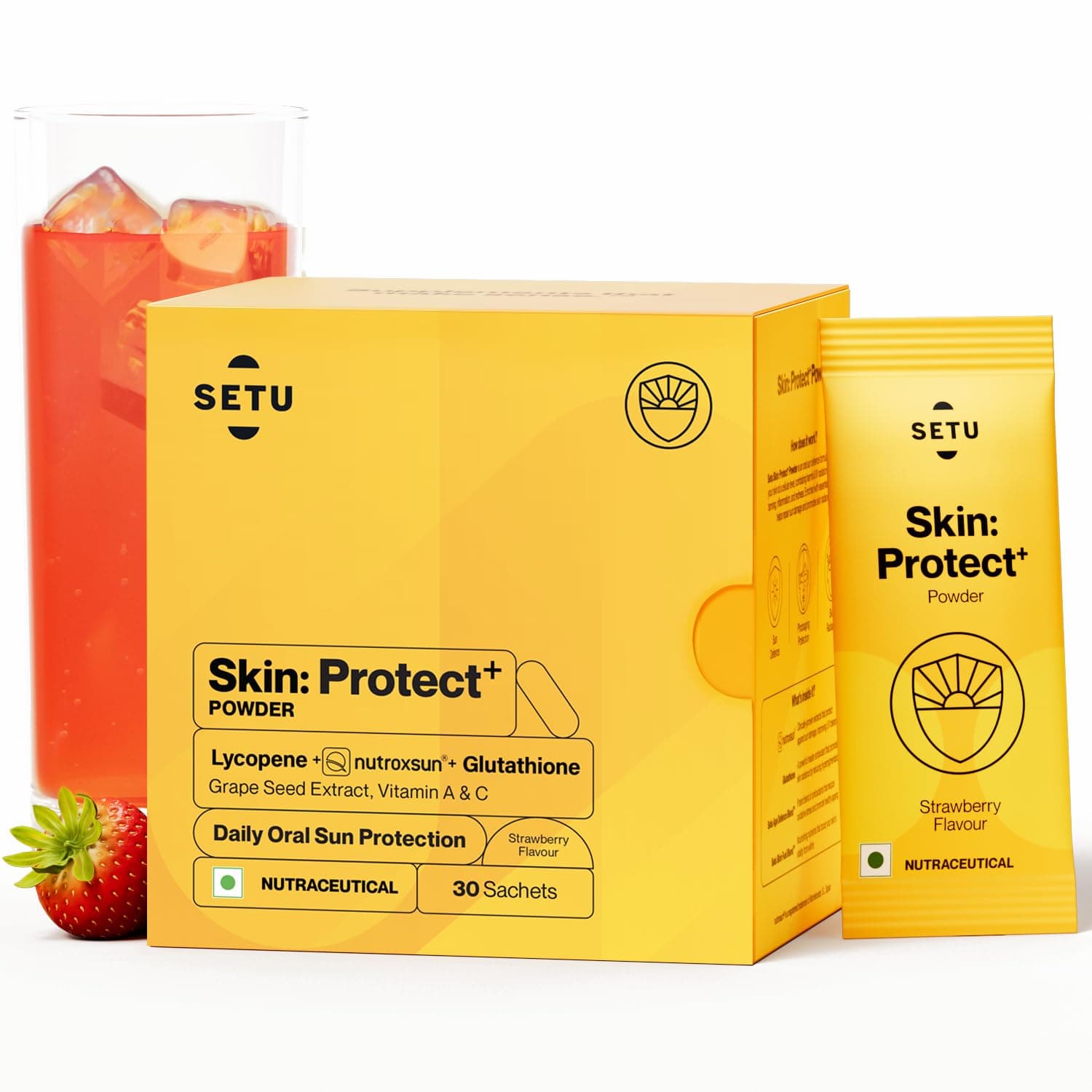 SETU Skin Protect - First Drinkable Sunshield with Plant Based NutroxSun & Glutathione for Advanced Sun Protection Boosts UV Tolerance, Reduces Pigmentation Photoaging (30 Sachets, Strawberry)