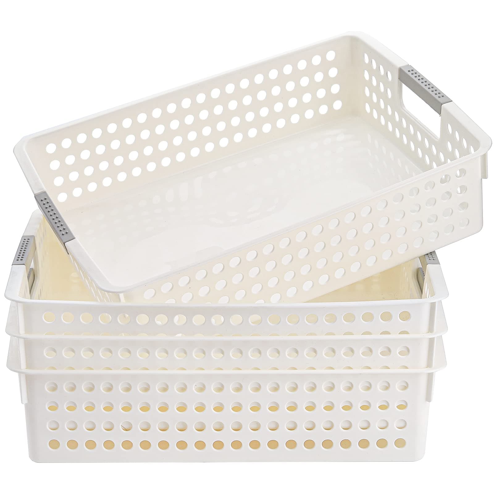 Bekith 4 Pack Plastic Storage Basket, A4 Size Plastic Storage Tray, Desktop File Organizer Baskets, 14 Inches x 10 Inches x 3.4 Inches, White