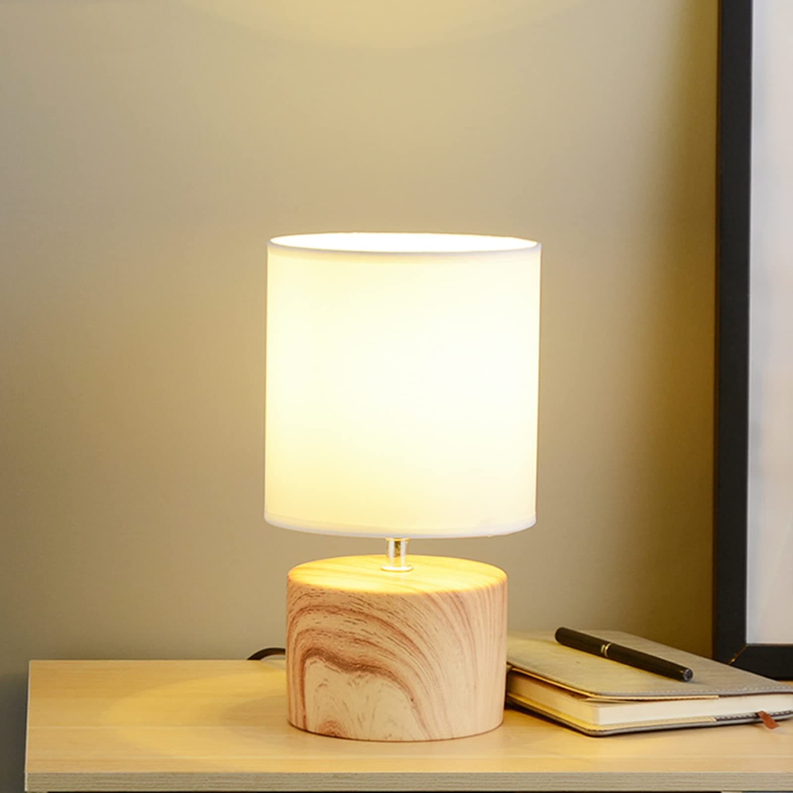 Small Table Lamp, Ceramic Base Desk Lamp with Eye Protection Fabric Lampshade, Imitation Wood Grain Bedside Lamp with Warm Light & LED Light Bulb Decor for Living Room Bedroom Children's Room