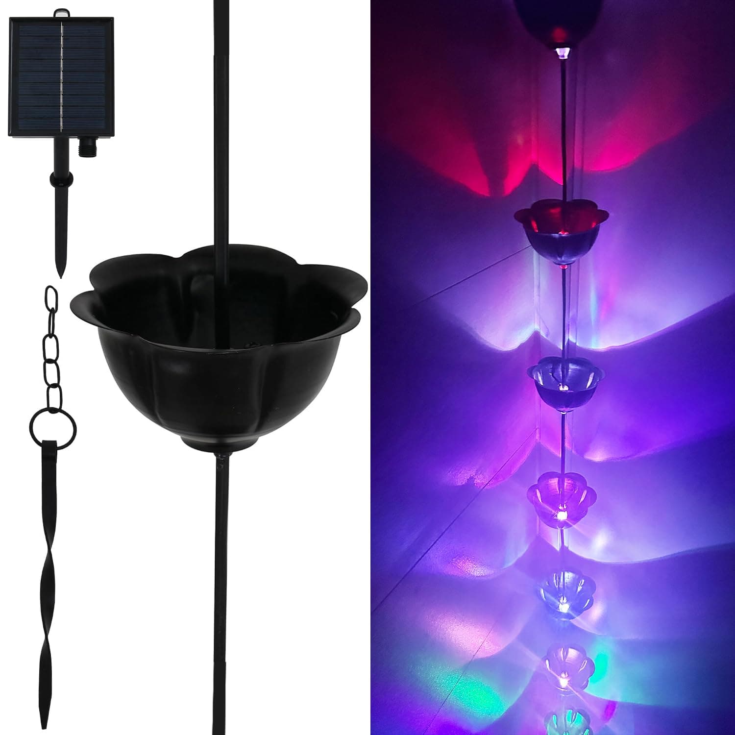 Rain Chains for Gutters with Color Changing Solar Lights and Ground Anchor, Hammered Wide Cup Gutter Chain Downspout, 8-1/2 Feet Length Replacement Rain Chain Gutters