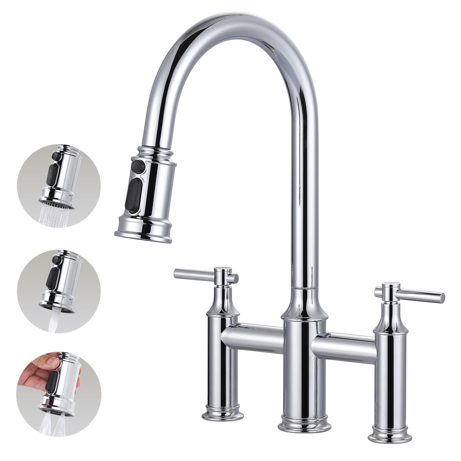 Bridge Faucet with Pull Down Sprayer: Brass Bridge Kitchen Faucet for 1 or 3 Hole - Chrome Two Handles 8 Inch Centerset Kitchen Sink Faucet for Farmhouse RV Laundry