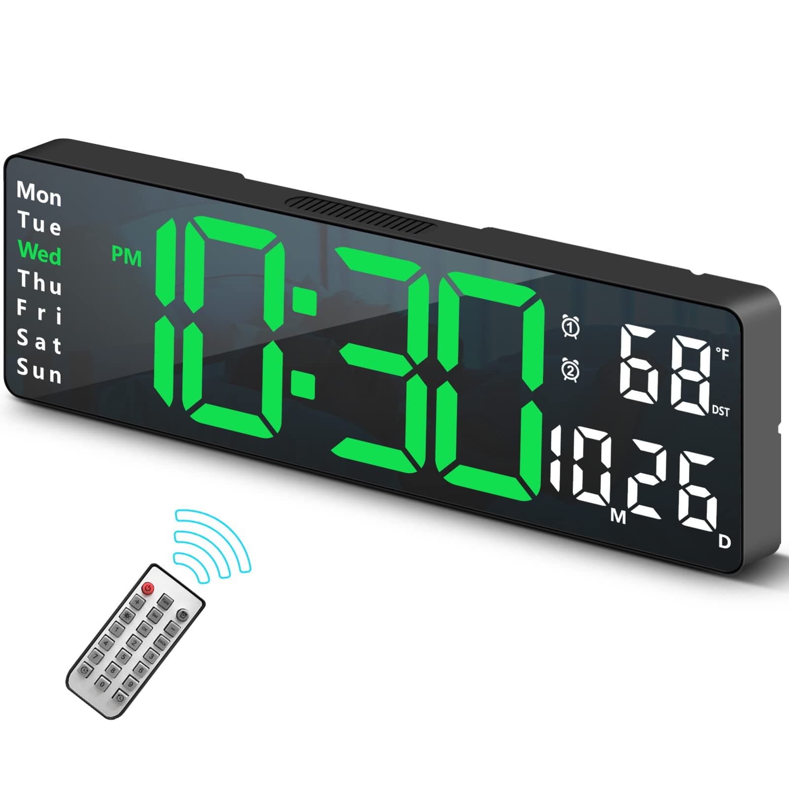 Digital Clock, Digital Wall Clock for Living Room Decor, Desk Alarm Clock for Bedroom, Large Wall Clock with Remote Control, Automatic Brightness Dimmer LED Clock with Date Temperature Week (Green-B)