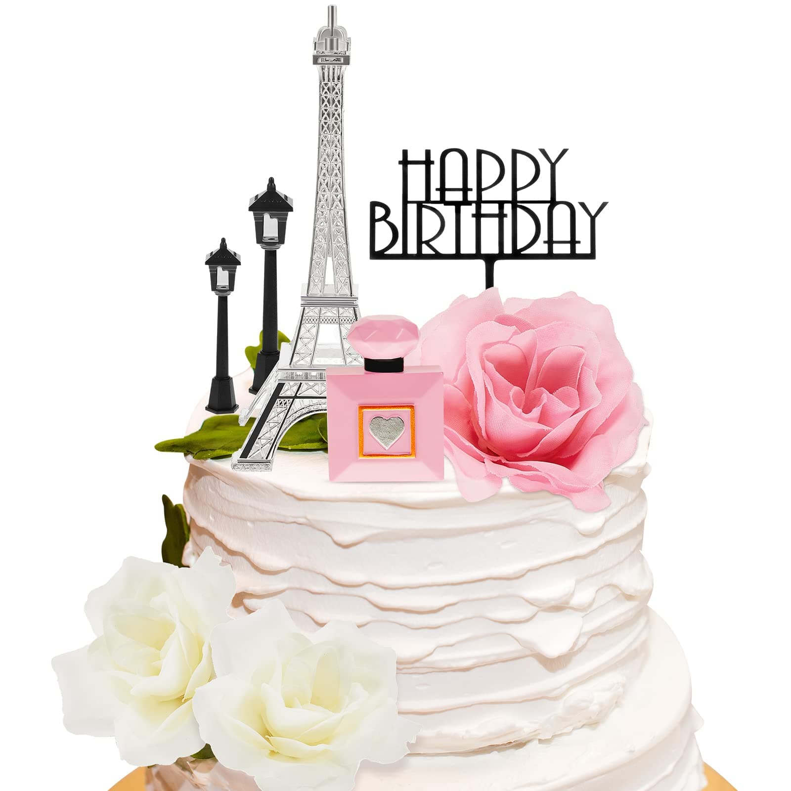 8 Pcs Paris Cake Topper Eiffel Tower Cake Topper with Happy Birthday Street Lamp Rose 7 Inch Eiffel Tower Party Decoration for Birthday Celebration Gift(Multicolored)