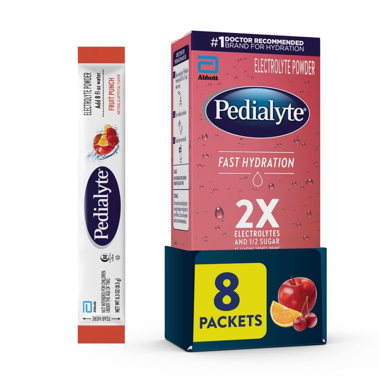 Pedialyte Fast Hydration Electrolyte Powder Packets, Fruit Punch, Hydration Drink, 8 Single-Serving Powder Packets