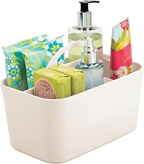 Small Plastic Shower/Bath Storage Organizer Caddy Tote with Handle for Dorm, Shelf, Cabinet - Hold Soap, Shampoo, Conditioner, Combs, Brushes, Lumiere Collection, Cream/Beige
