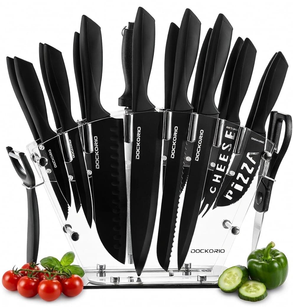 Kitchen Knife Set with Block, 19 PCS High Carbon Stainless Steel Sharp includes Serrated Steak Knives Set, Chef Knives, Bread Knife, Scissor, Sharpener, all in one