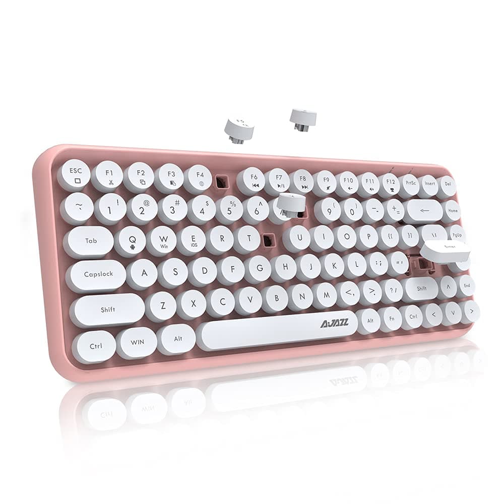 FELiCON 308i Retro Wireless Keyboard, Bluetooth Silent Cute Computer Keyboard with Round Punk Compact 84 keys, Lightweight, Matte Texture,Typewriter Design for PC, Laptop, Mac, Phone-Pink